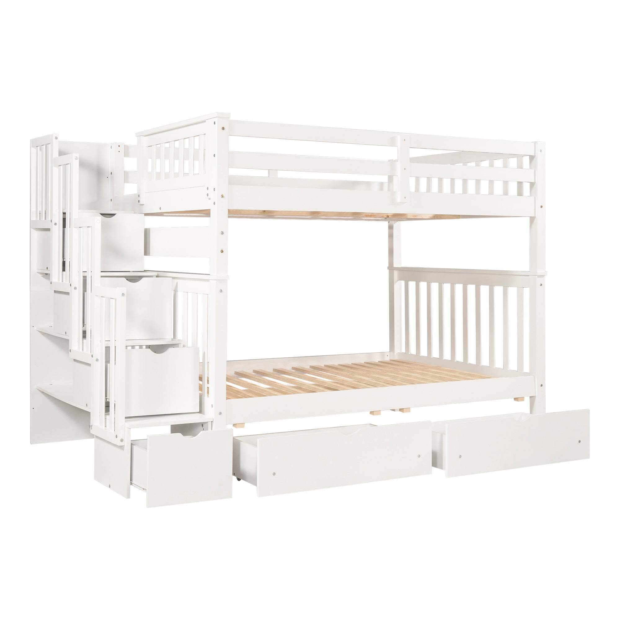 Full Over Full Bunk Bed with Shelves and 6 Storage Drawers, White(Old SKU:LP000046AAK)