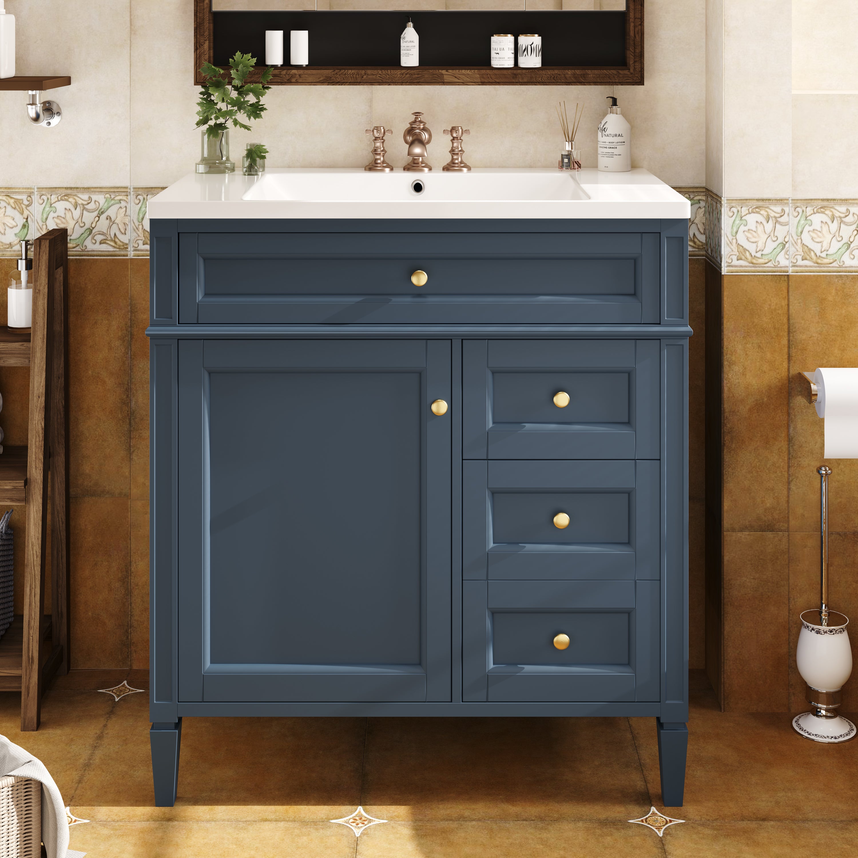 30'' Bathroom Vanity with Top Sink, Modern Bathroom Storage Cabinet with 2 Drawers and a Tip-out Drawer, Single Sink Bathroom Vanity