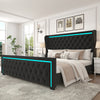 King Platform Bed Frame With High headboard, Velvet Upholstered Bed with Deep Tufted Buttons, Adjustable Colorful LED Light Decorative Headboard, Wide Wingbacks, Black