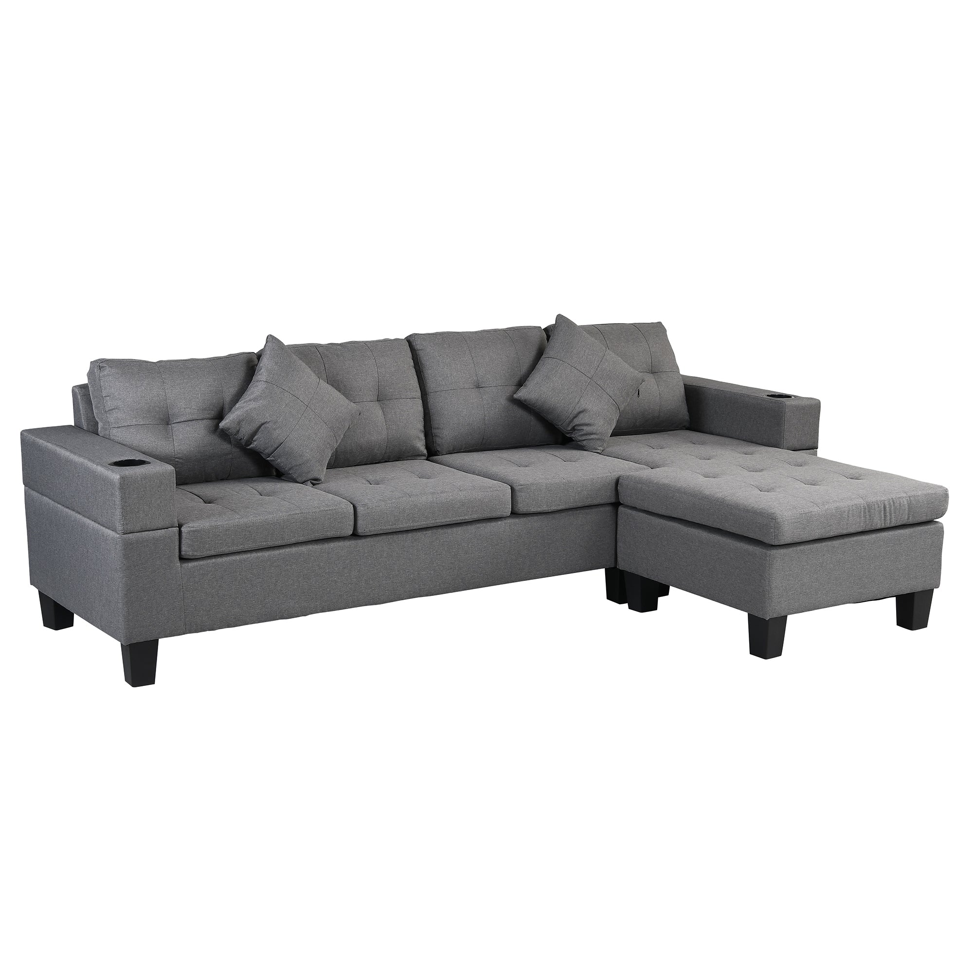 Sectional Sofa Set for Living Room with L Shape Chaise Lounge,cup holder and Left or Right Hand Chaise Modern 4 Seat (FAUX LINEN GREY)