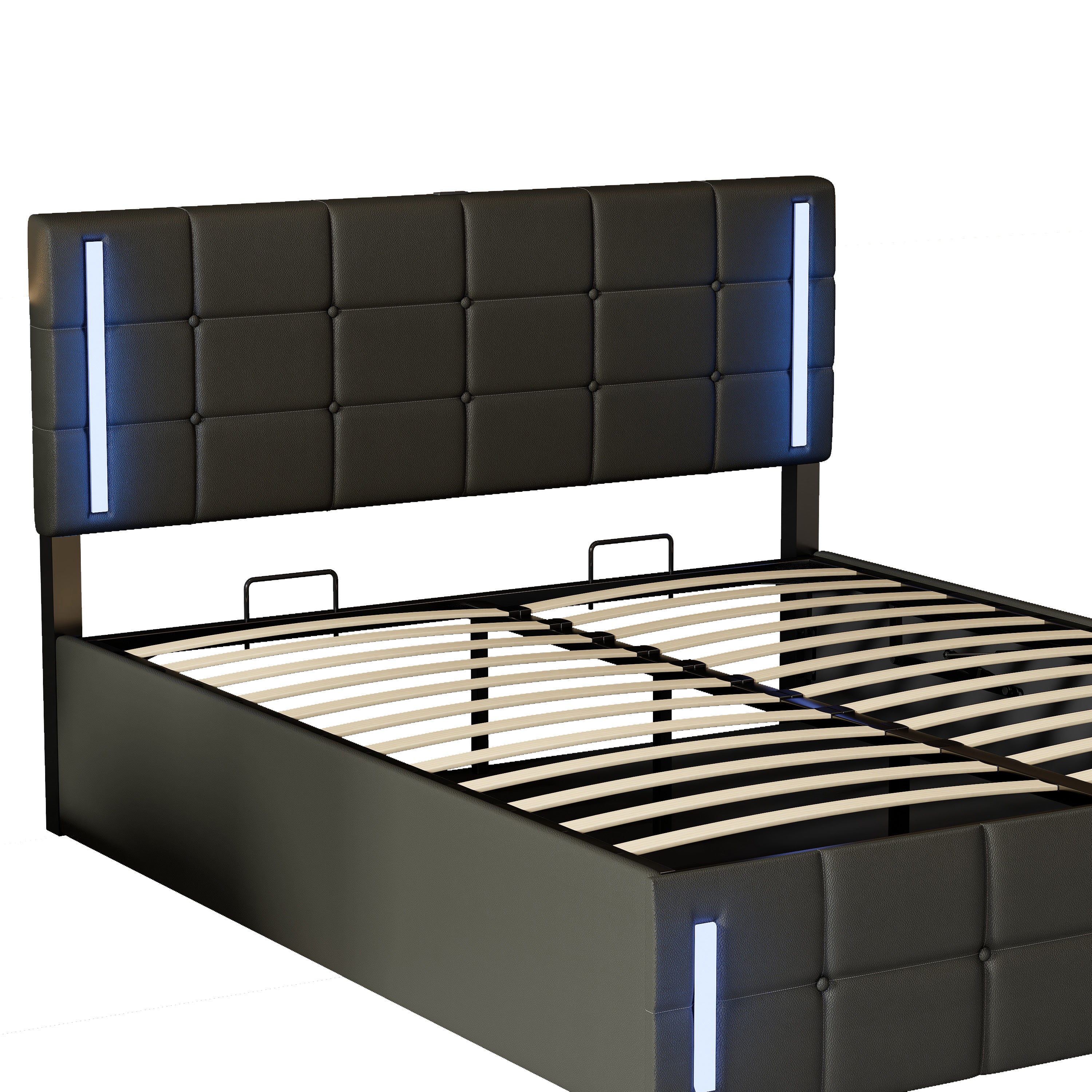 Queen Size Upholstered Bed with LED Lights,Hydraulic Storage System and USB Charging Station,Black