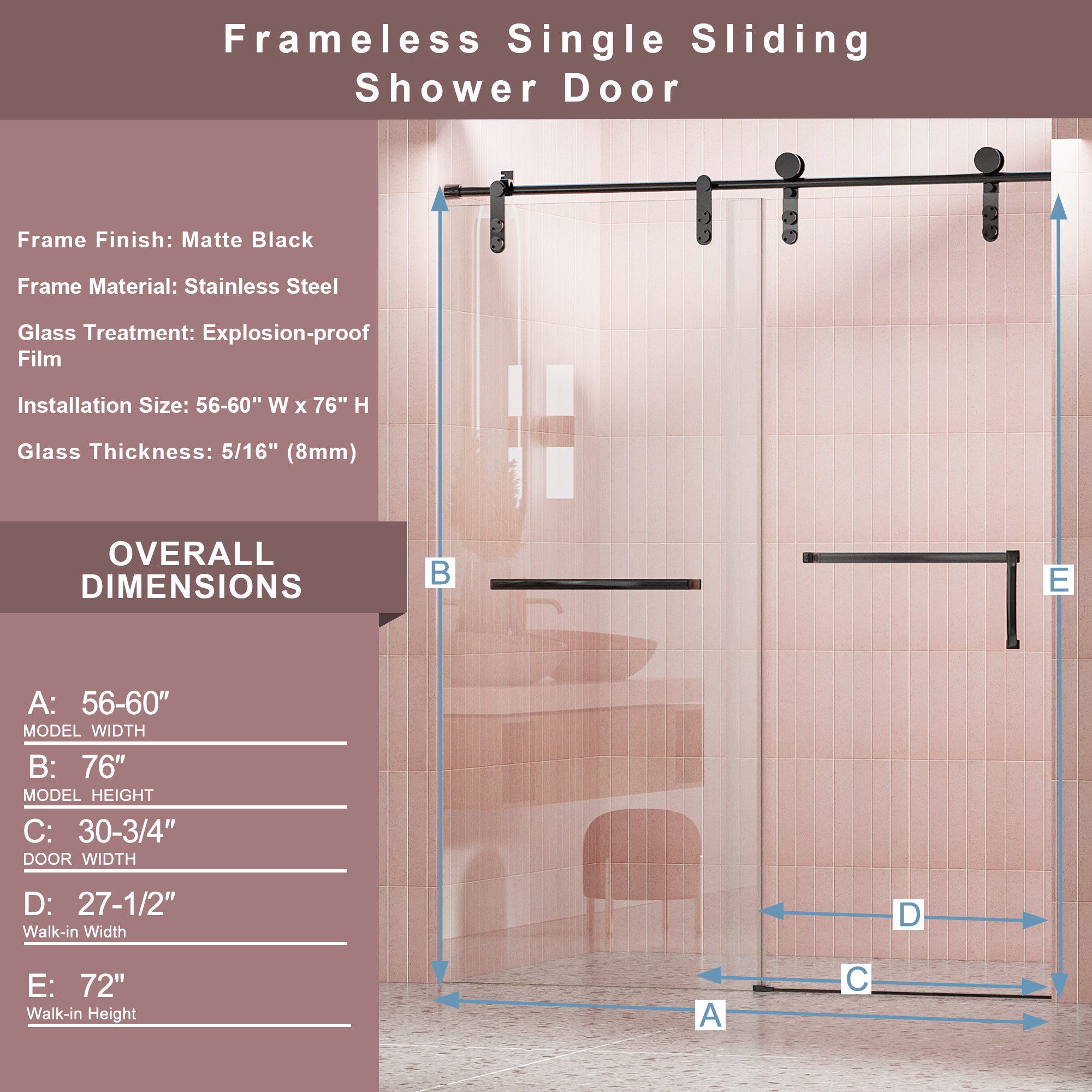 56"-60" W x 76" H Frameless Shower Door, Single Sliding Shower Door, 5/16" (8mm) Clear Tempered Glass Shower Door Explosion-Proof Film, Stainless Steel Hardware, Matte Black 24D210-60MB-COMBO-1