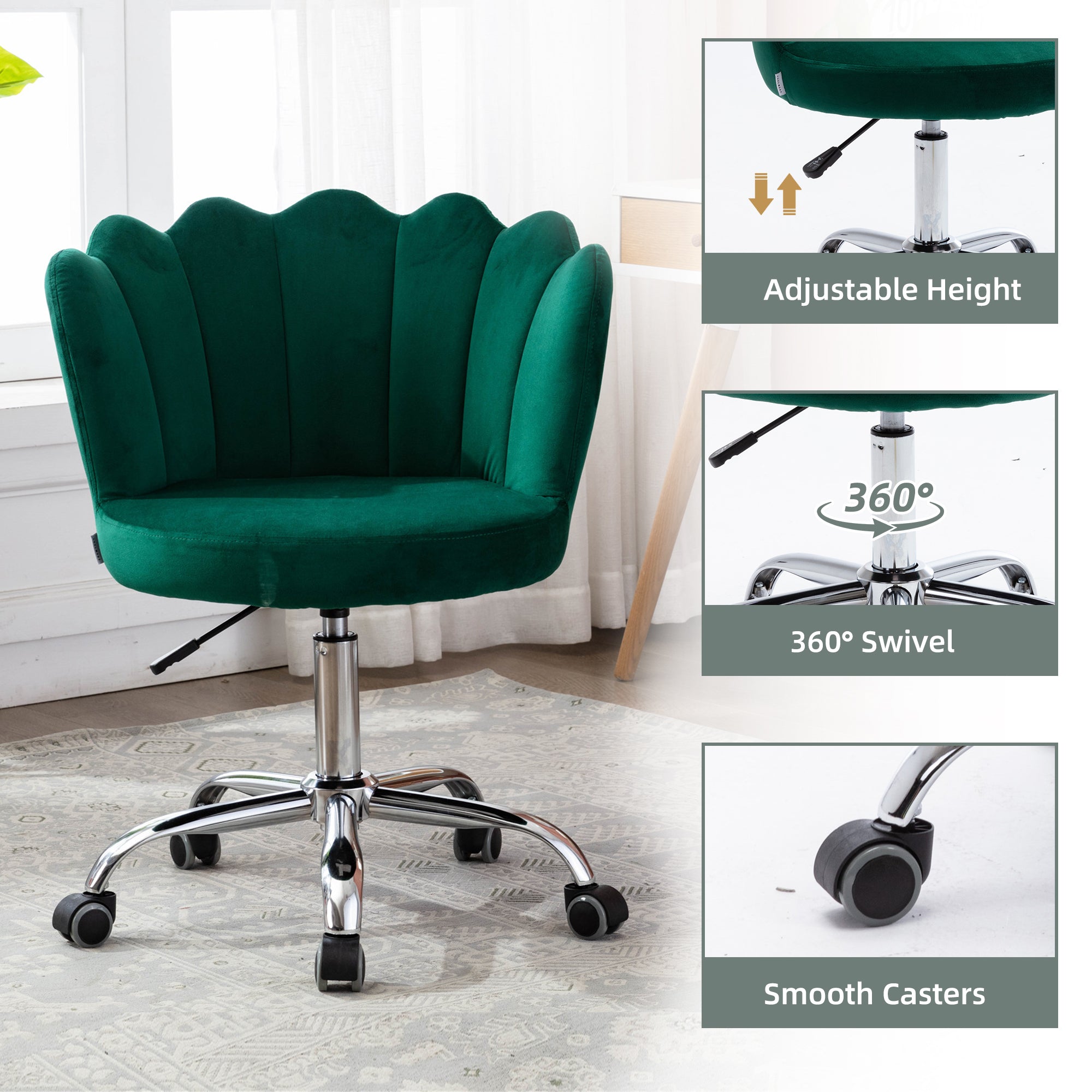 COOLMORE Velvet Home Office Chair with silver Base, Modern Cute Shell Back Upholstered Desk Chair for Vanity, Adjustable Swivel Task Chair for Office(Green Velvet)