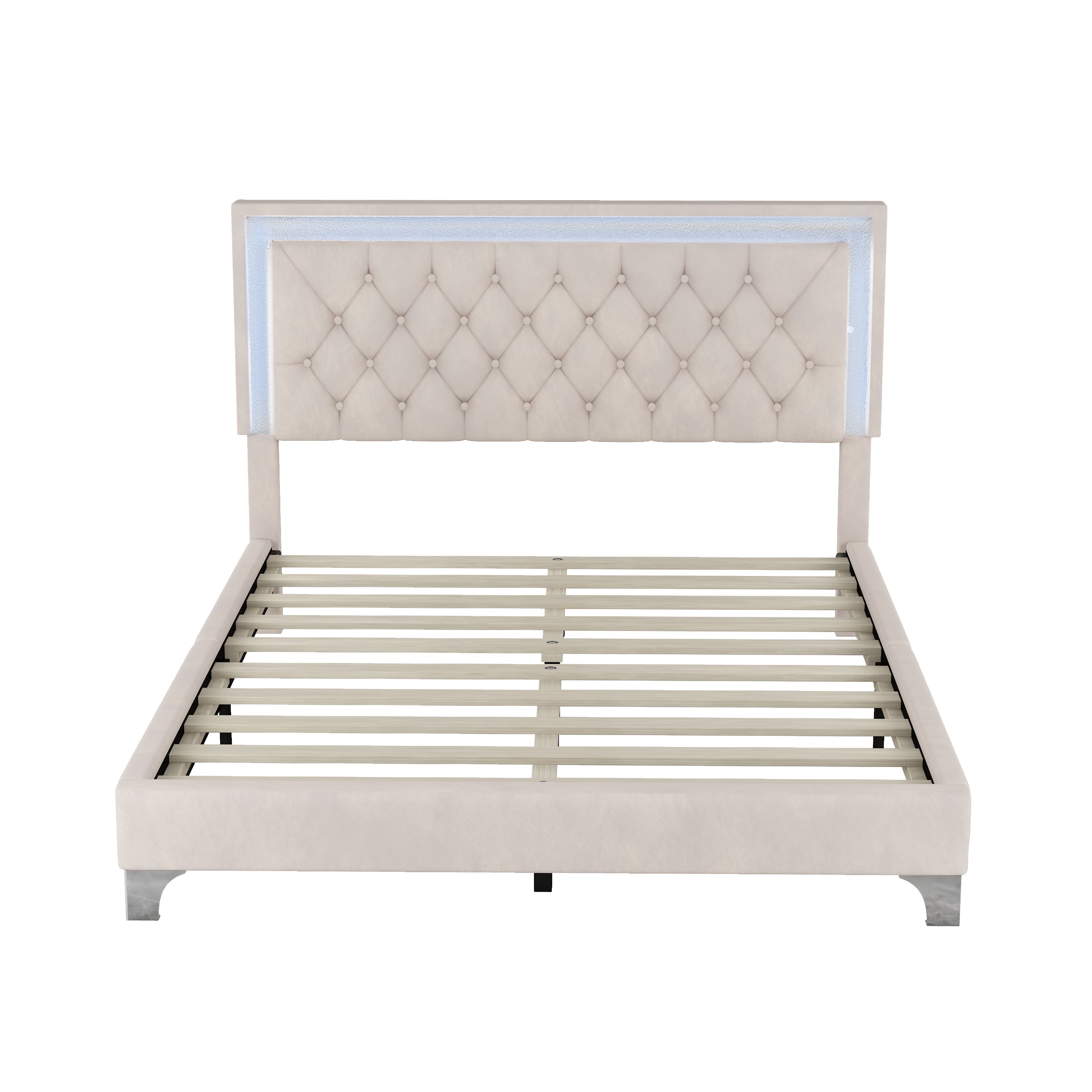 Queen Size Upholstered Bed Frame with LED Lights,Modern Velvet Platform Bed with Tufted Headboard,Beige