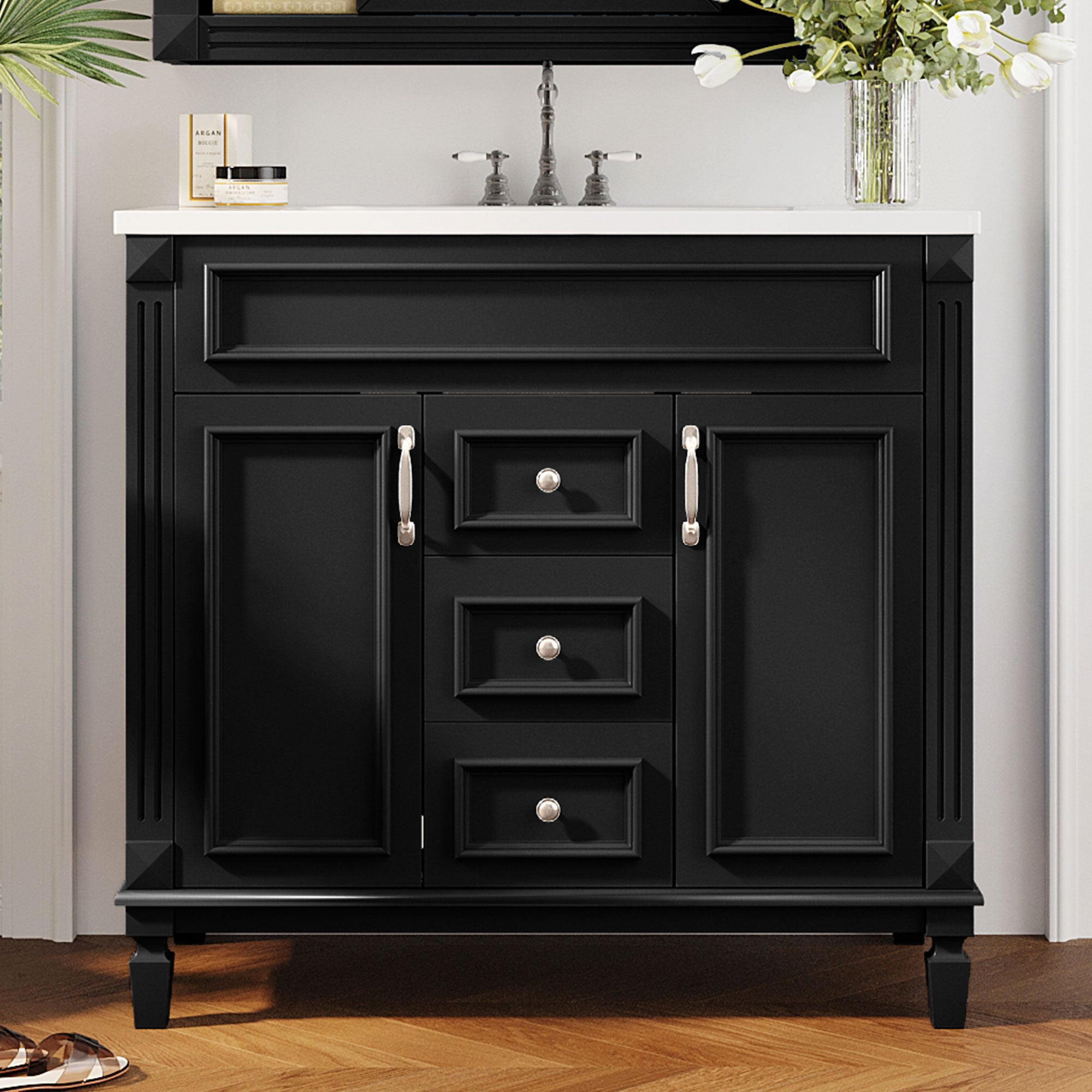 36 in. bathroom vanity with soft-closing doors open showing storage
