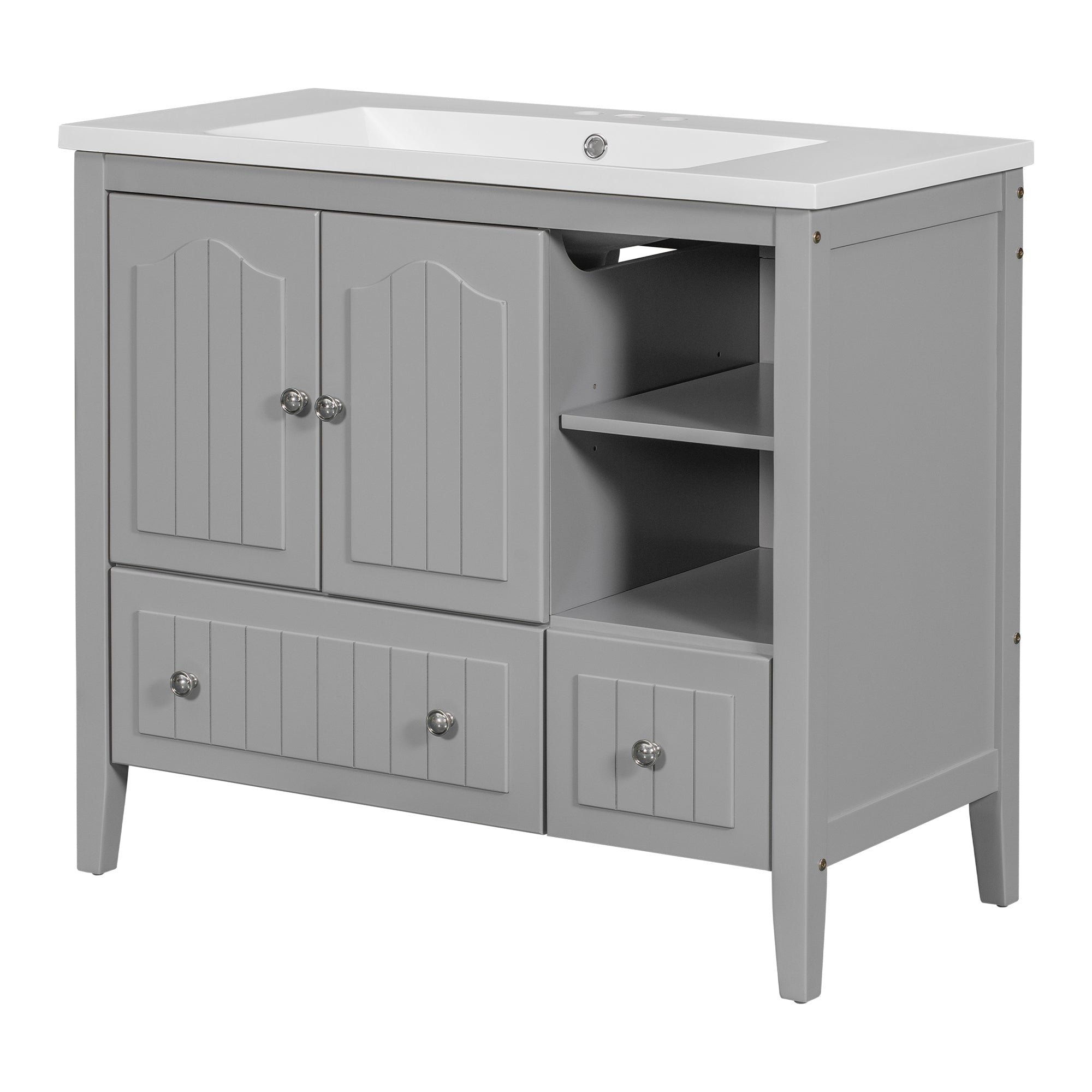 [VIDEO] 36" Bathroom Vanity with Ceramic Basin, Bathroom Storage Cabinet with Two Doors and Drawers, Solid Frame, Metal Handles, Grey (OLD SKU: JL000003AAE)