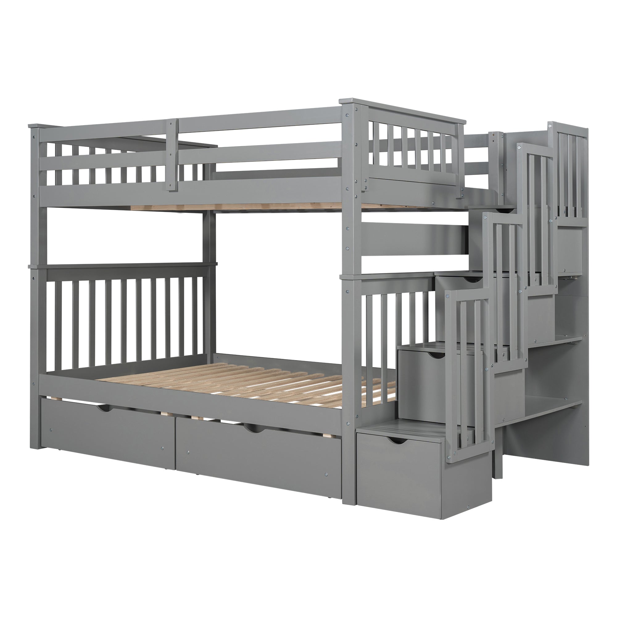 Full Over Full Bunk Bed with Shelves and 6 Storage Drawers, Gray(Old SKU:LP000046AAE)