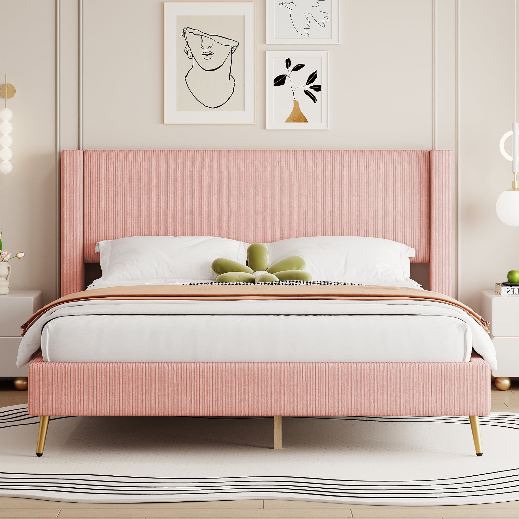 Queen Size Corduroy Platform Bed with Metal Legs, Pink(old sku:WF300238AAH)