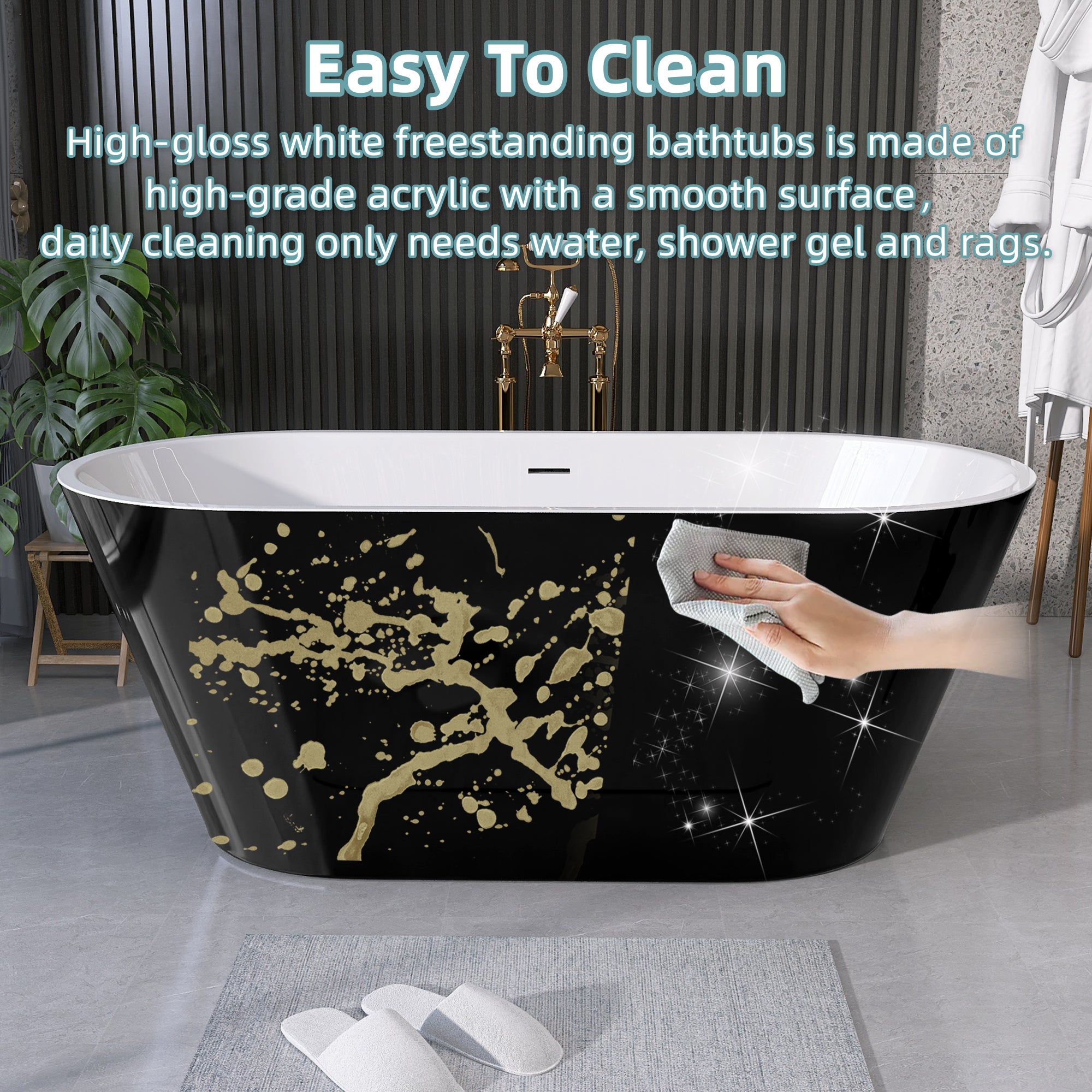 55" Acrylic Freestanding Bathtub Contemporary Soaking White Tub with Overflow and Pop-up Drain Gloss Black