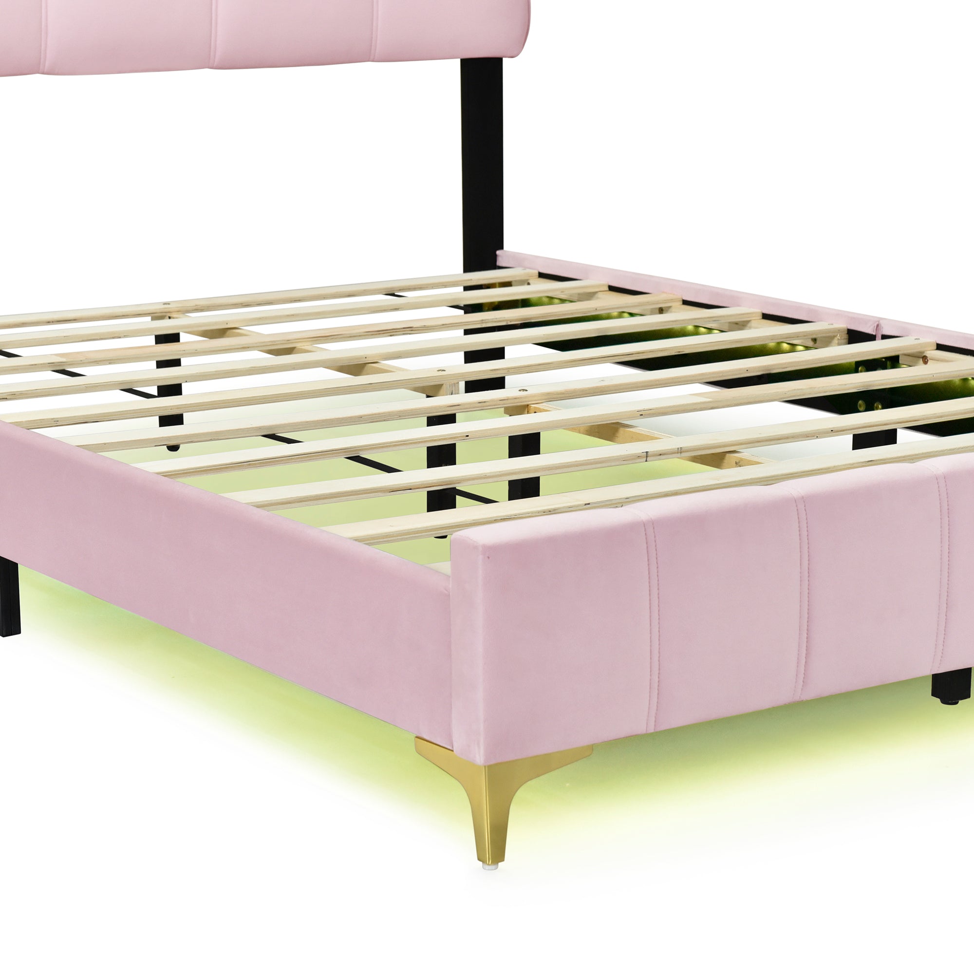 Full Size Velvet Platform Bed with LED Frame and Stylish Mental Bed Legs, Pink