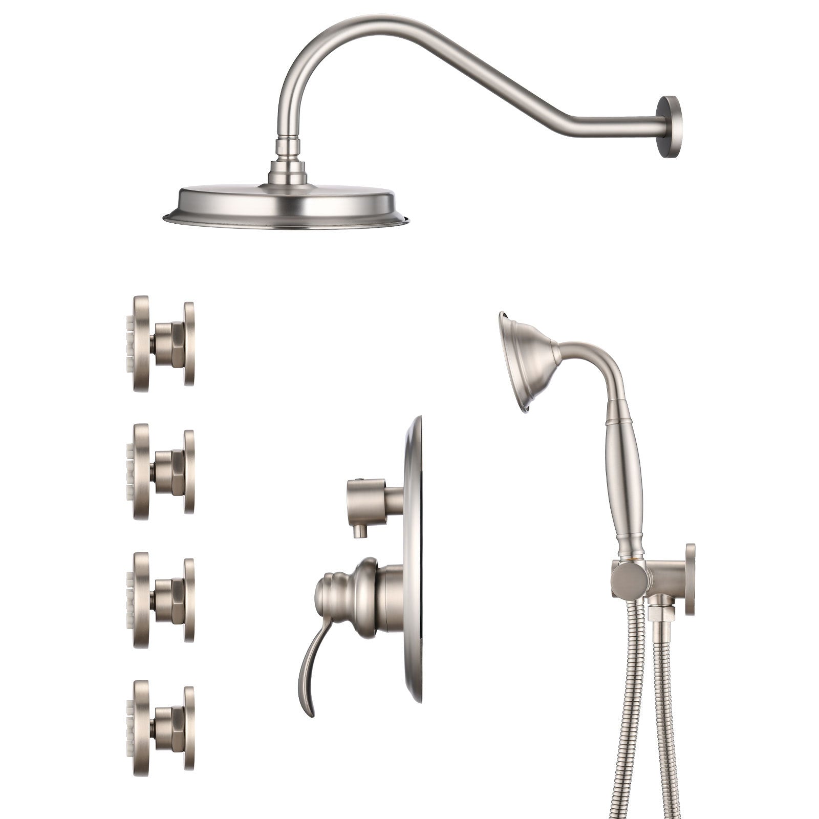 Single-Handle 4-Spray Patterns Bathroom Rain Shower Faucet with Body Jet Handshower in Brushed Nickel (Valve Included)