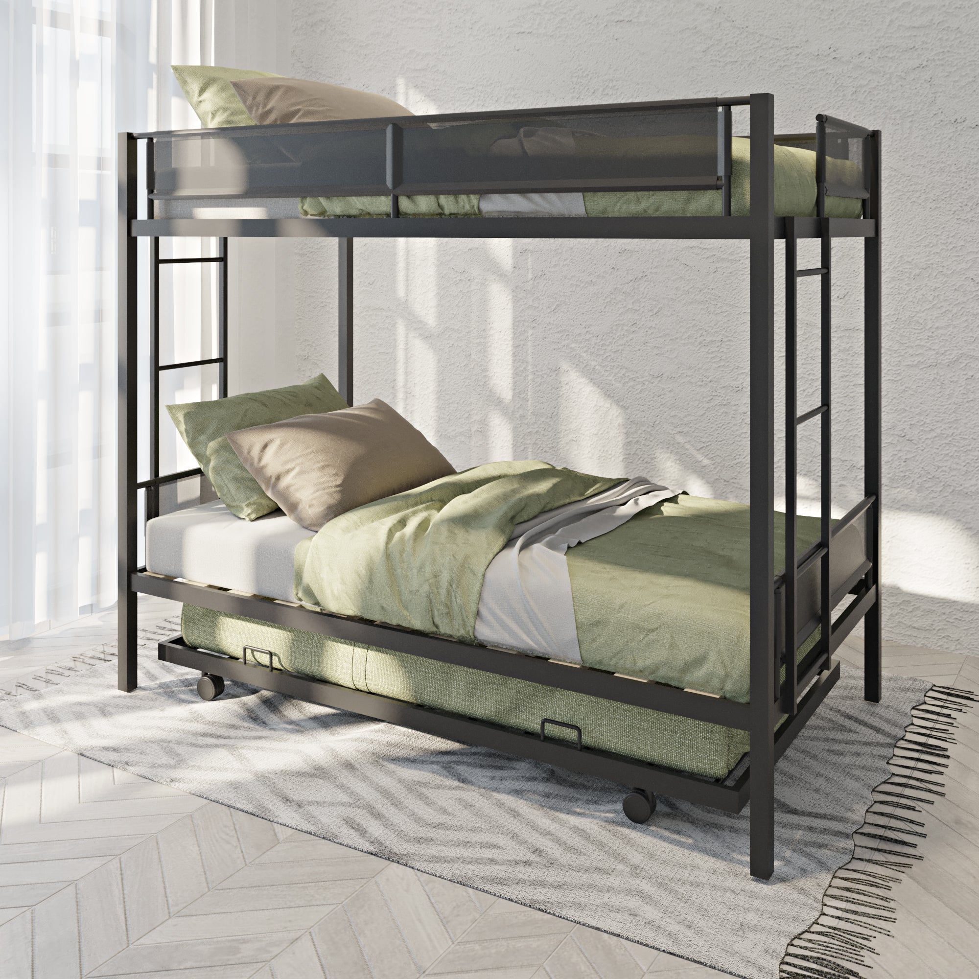 Metal Twin over twin bunk bed with Trundle/ Sturdy Metal Frame/ Noise-Free Wood Slats/ Comfortable Textilene Guardrail/ 2 side Ladders/ Space-Saving Trundle/ Bunk Bed for Three/ No Box Spring Needed