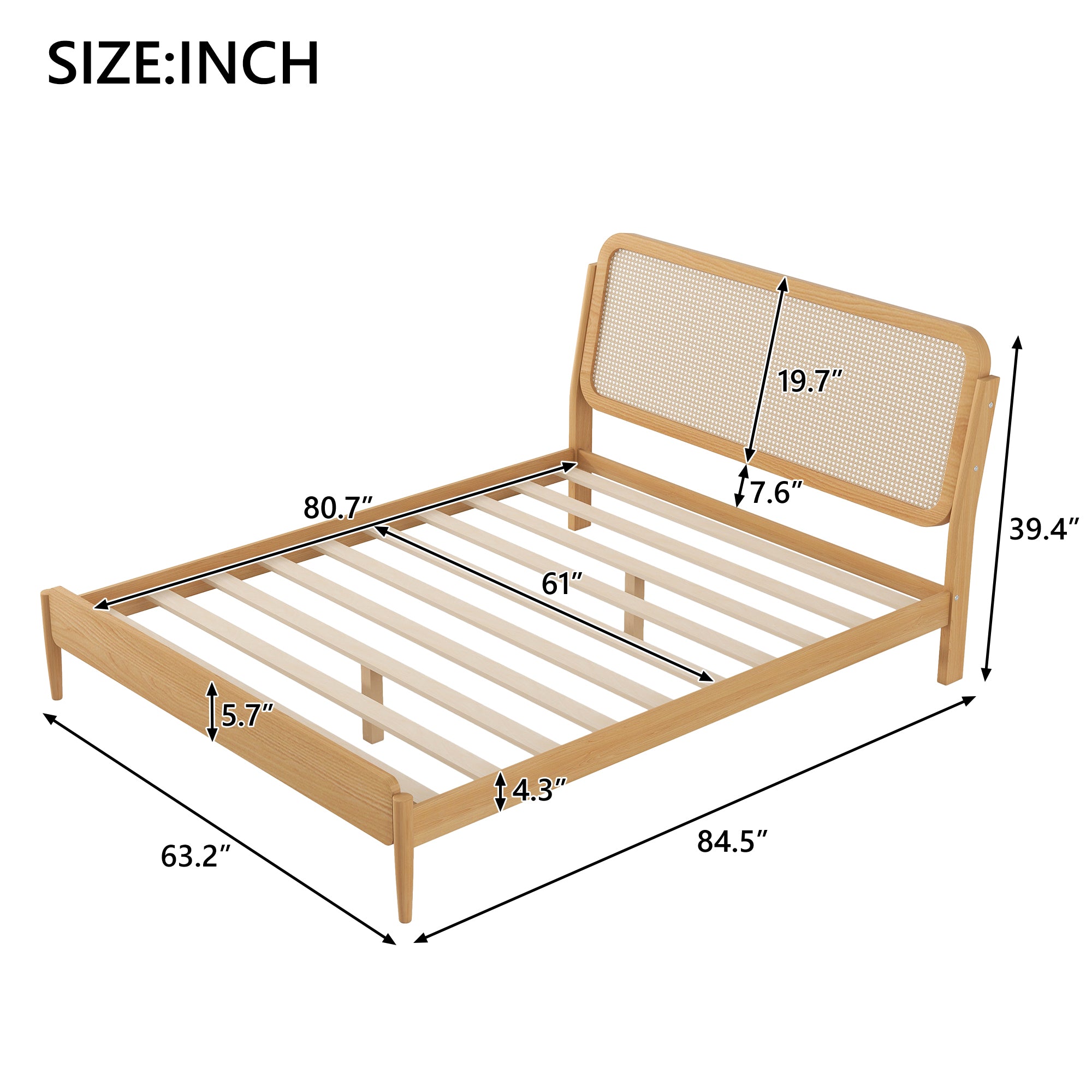 Queen Size Wood Storage Platform Bed with LED Light, Rattan Headboard, Nature