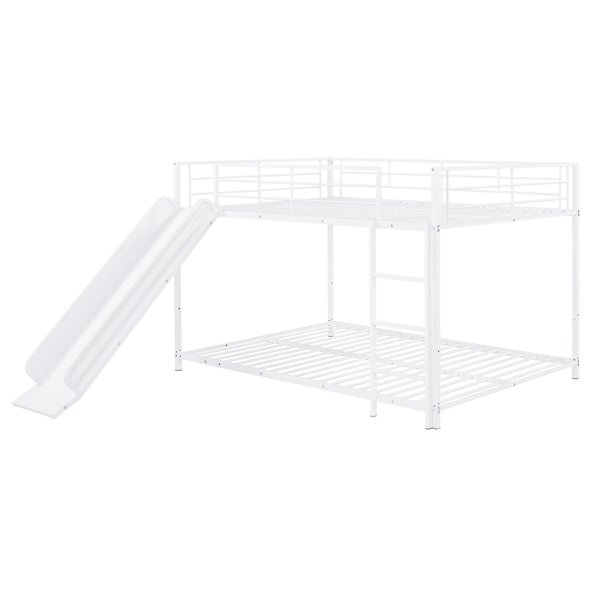 Full over Full Size Metal Bunk Bed with Slide and Guardrails, White