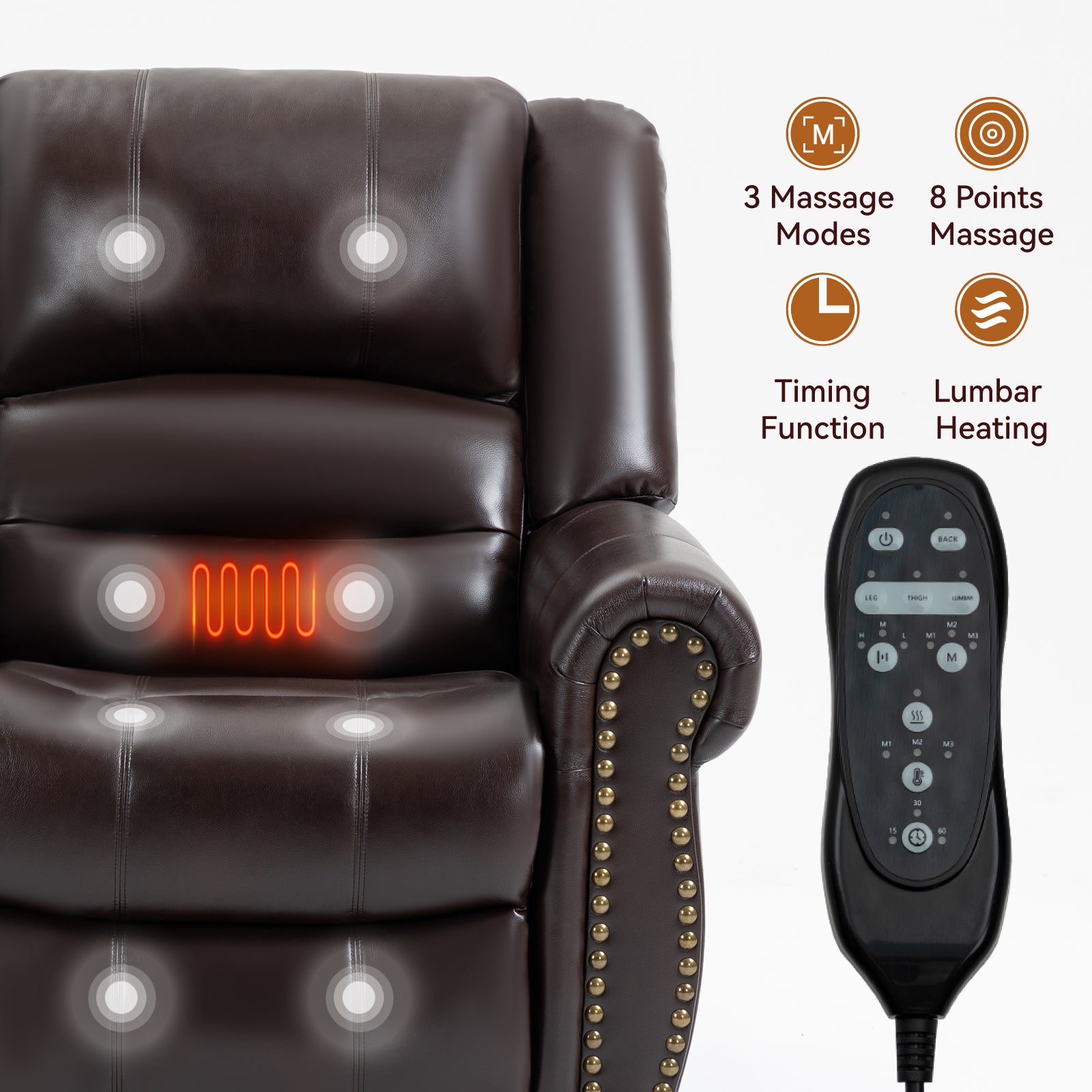 Power Lift Recliner Chair Heat Massage Dual Motor Infinite Position Up to 350 LBS, Faux Leather, Heavy Duty Motion Mechanism with USB Ports, Brown