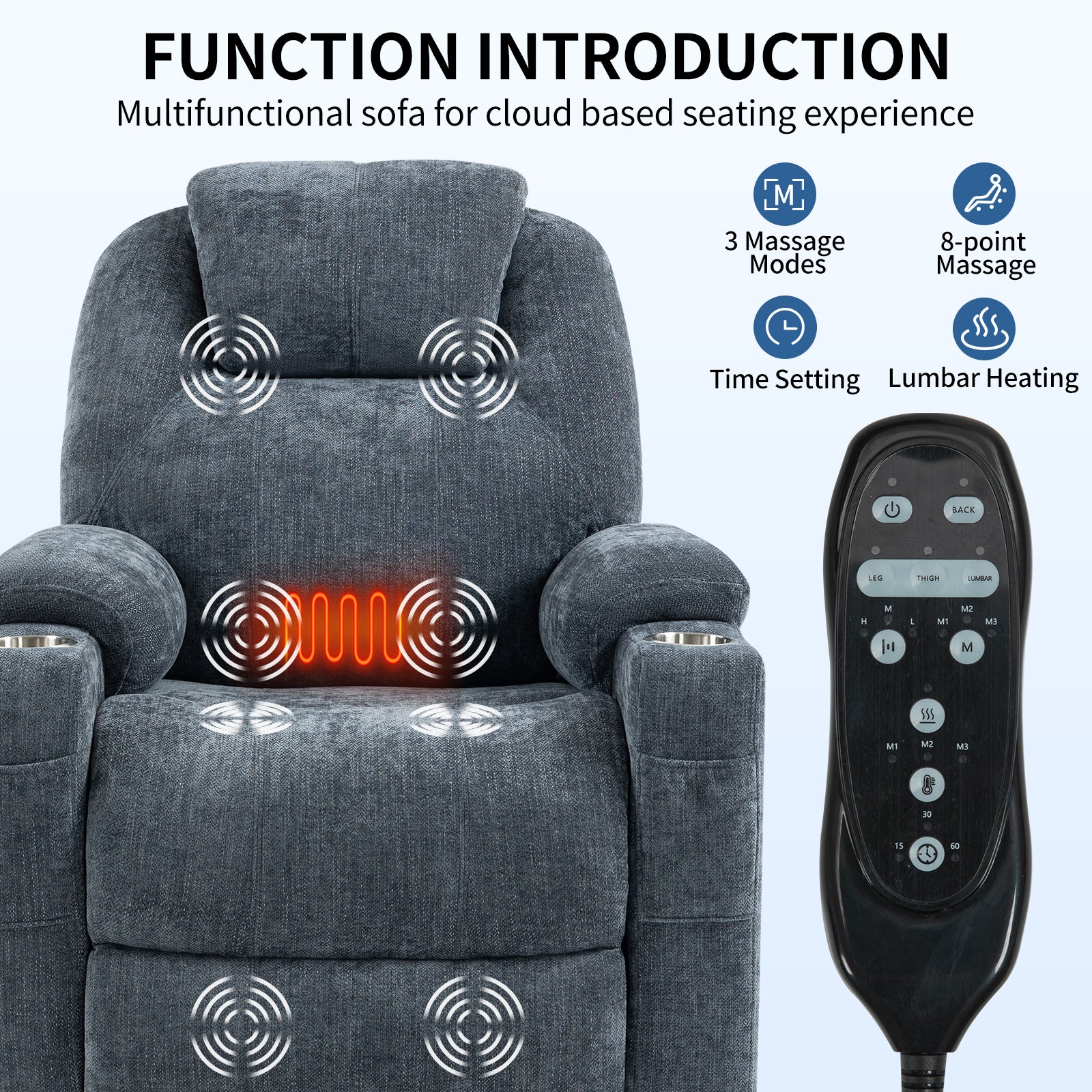 Up to 350 LBS Chenille Power Lift Recliner Chair, Heavy Duty Motion Mechanism with 8-Point Vibration Massage and Lumbar Heating, USB and Type-C Ports, Stainless Steel Cup Holders, Blue