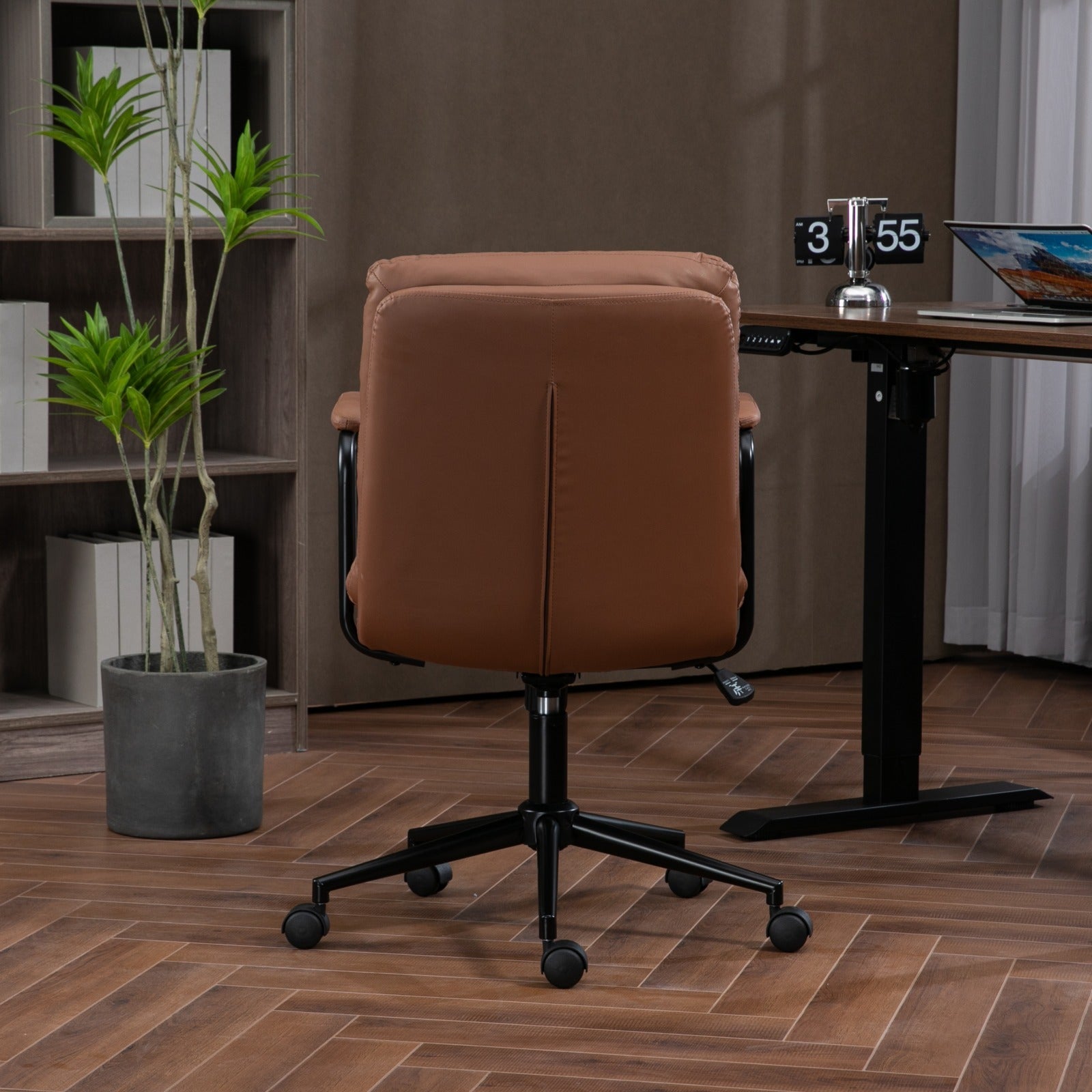 Office Chair,Mid Back Home Office Desk Task Chair with Wheels and Arms Ergonomic PU Leather Computer Rolling Swivel Chair with Padded Armrest,The back of the chair can recline 40° (Brown)