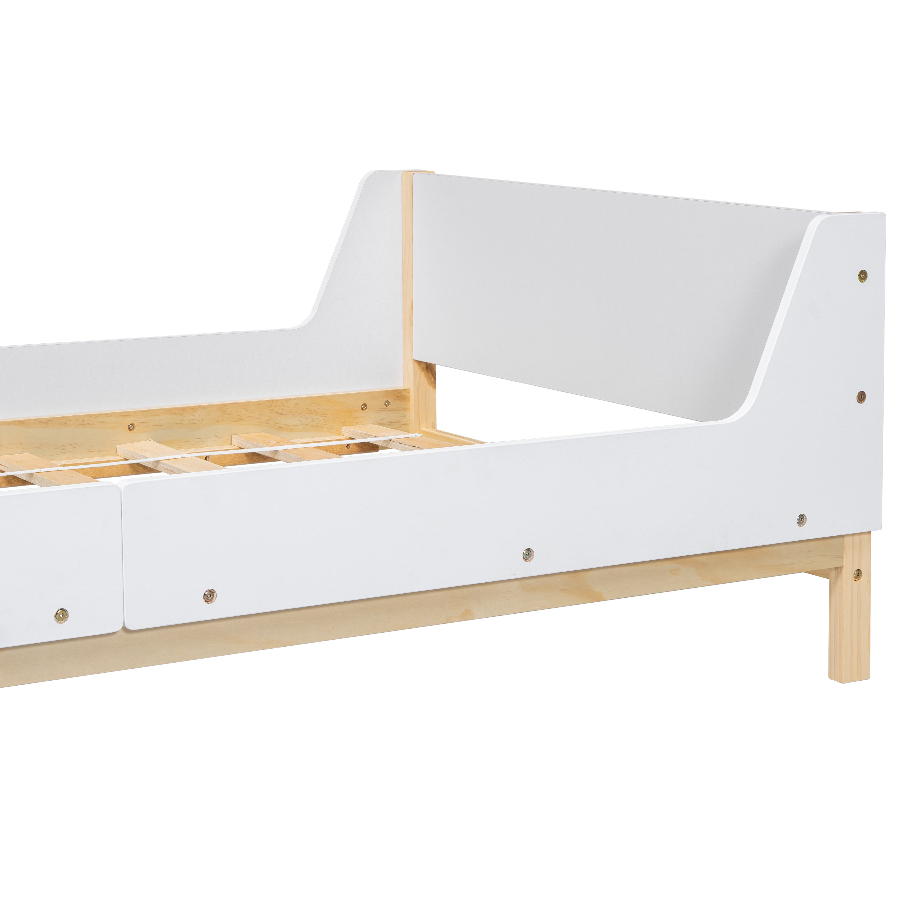 Twin Bed with Headboard, Footboard, Safeguards,  Built-in Bed-end Book Storage Rack ,White