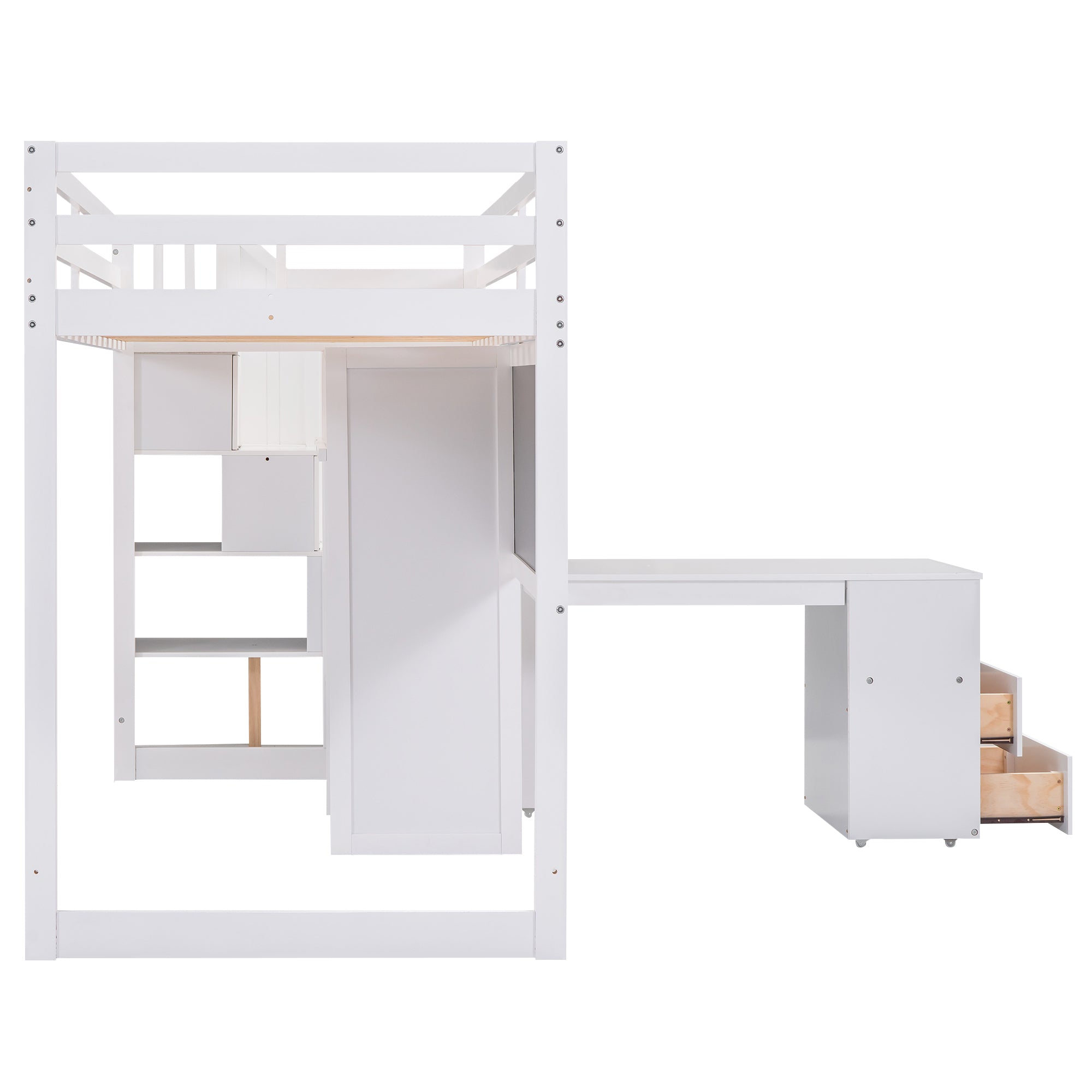 Twin Size Loft Bed with Pullable Desk and Storage Shelves,Staircase and Blackboard,White