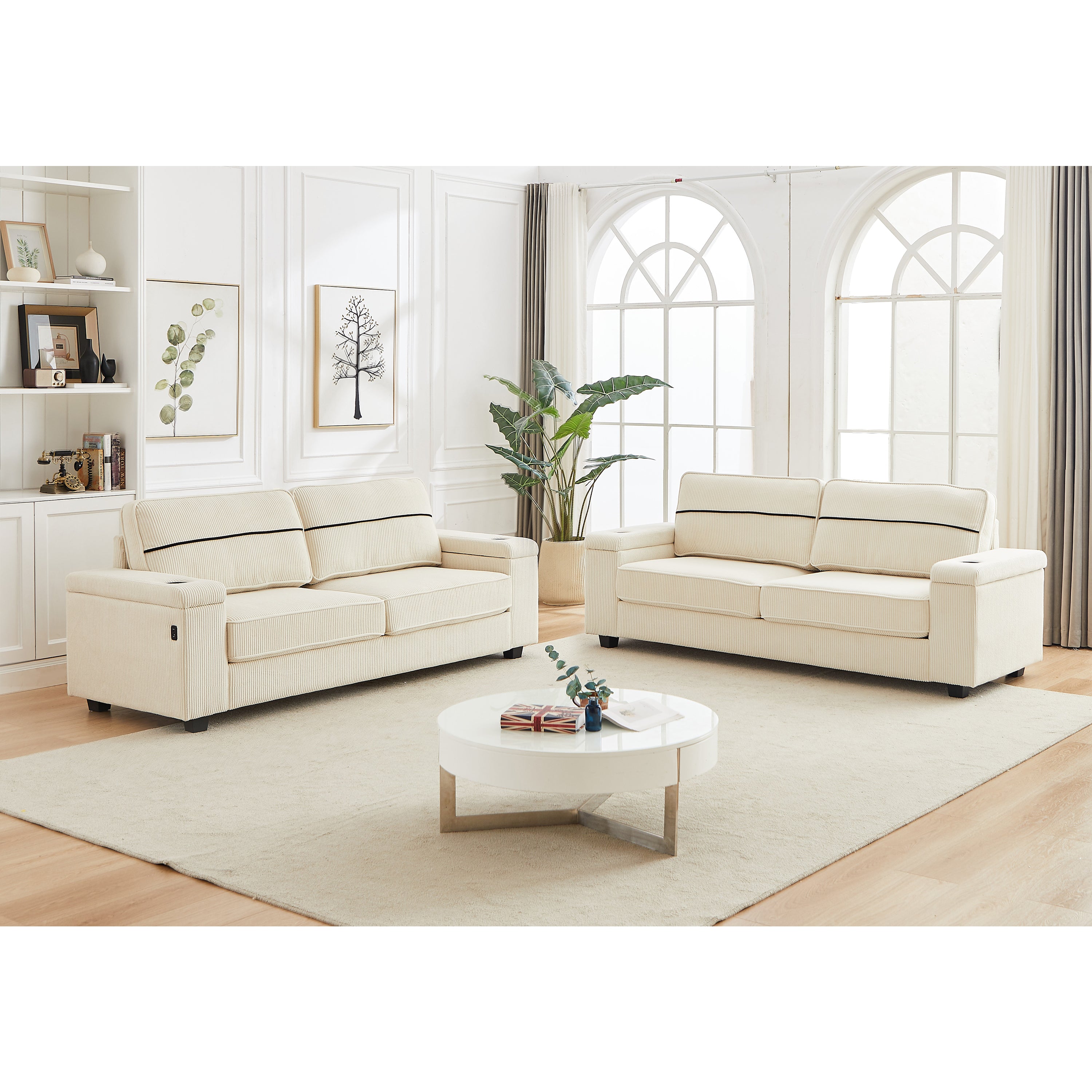 86.5 inch Sofa Couch- Deep Seat Sofa with two storage spaces, T-Pyce Charging Ports , USB Charging Ports & 2 Cup ,Corduroy 3 Seater Couch, Modern Sofas for Living Room