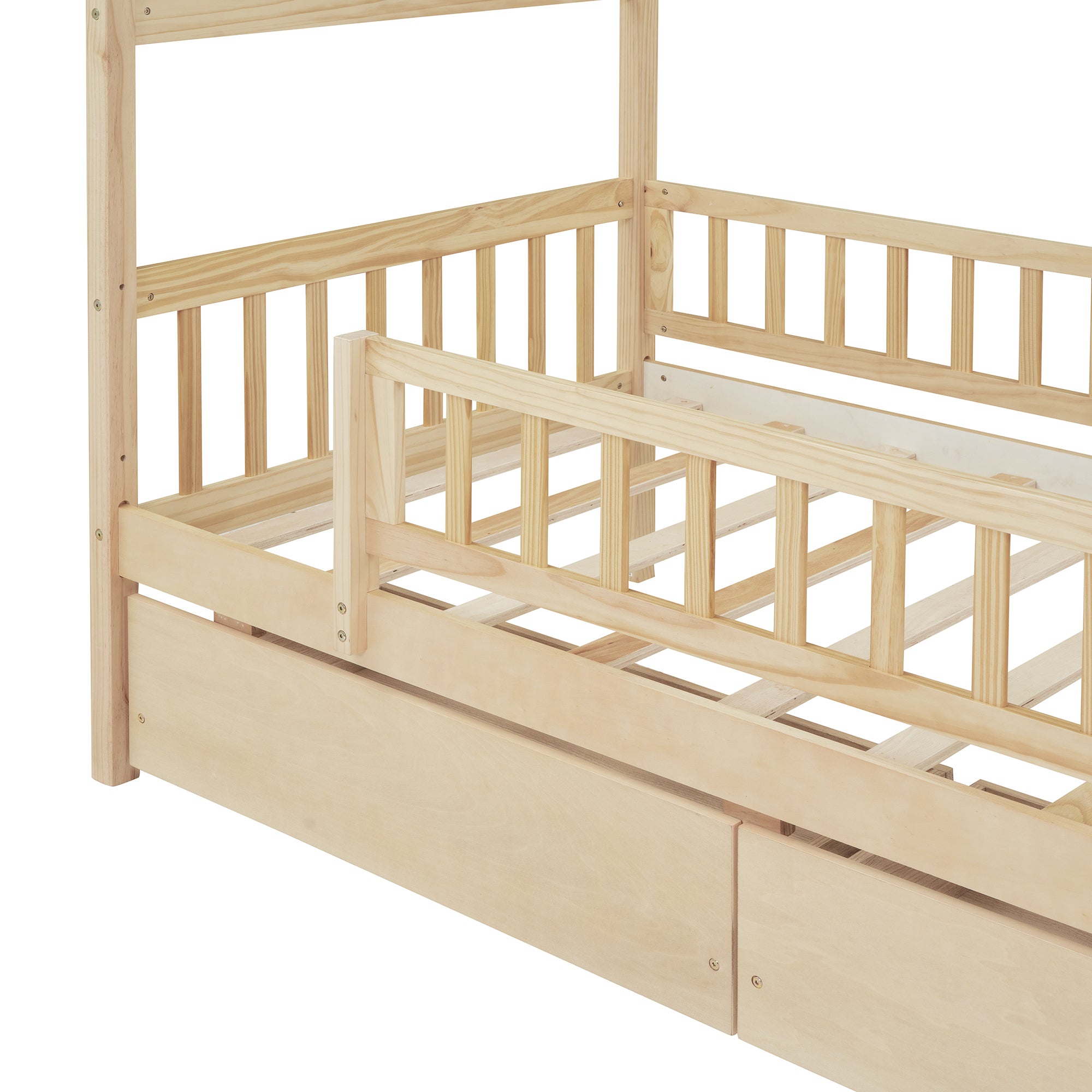 Twin Size Wooden House Bed with Two Drawers, Natural