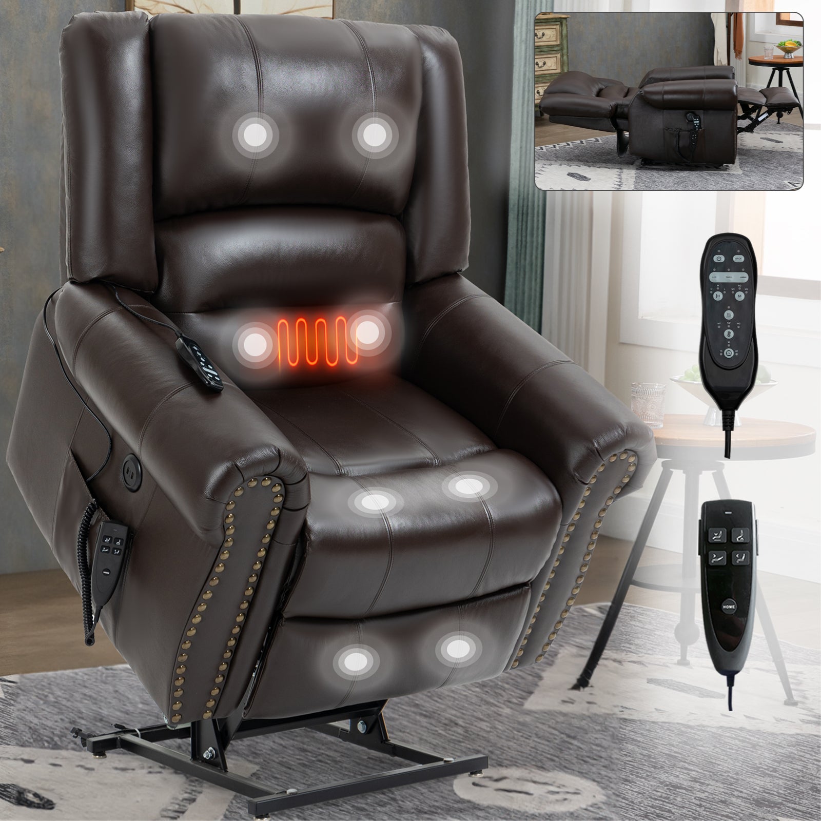 Power Lift Recliner Chair Heat Massage Dual Motor Infinite Position Up to 350 LBS, Genuine Leather, Heavy Duty Motion Mechanism with USB Ports, Brown