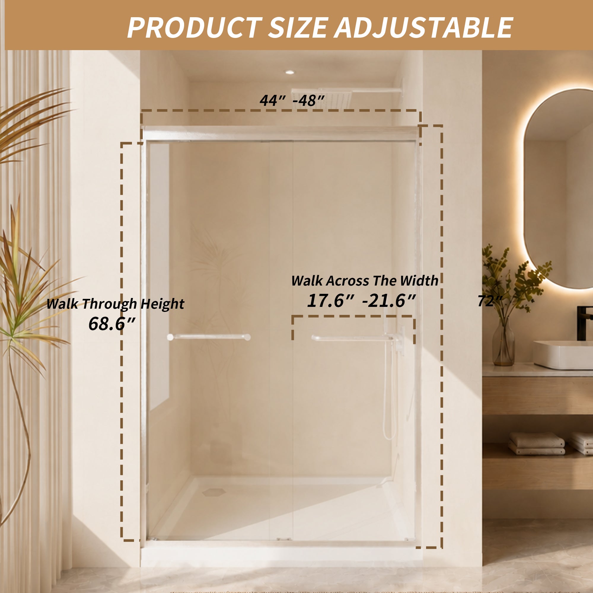 Sliding shower door 44-48 inch brushed nickel installed view