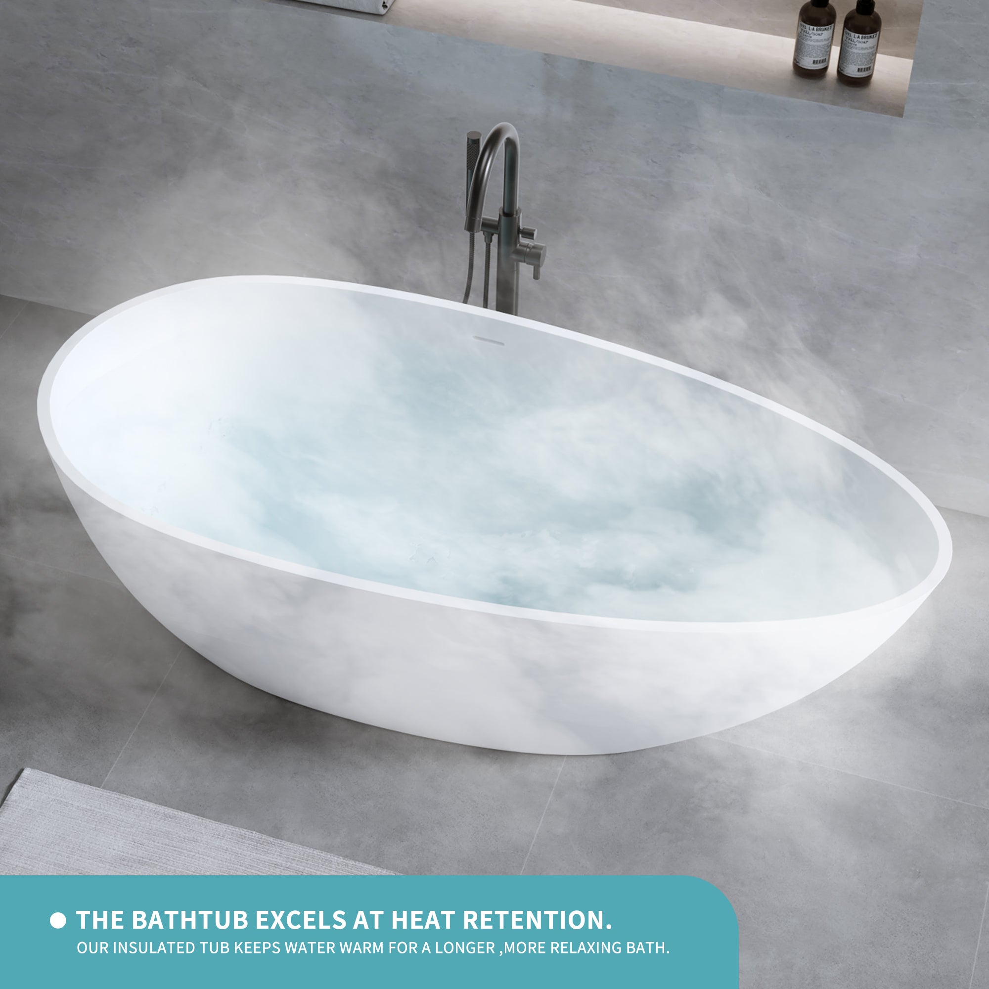 59'' Solid Surface Matte Tub, Freestanding Solid Surface Resin Stone Bathtub, Solid Surface Matte White Soaking Tub,Free Standing Tub with Overflow and Pop-up Drain, Matte White