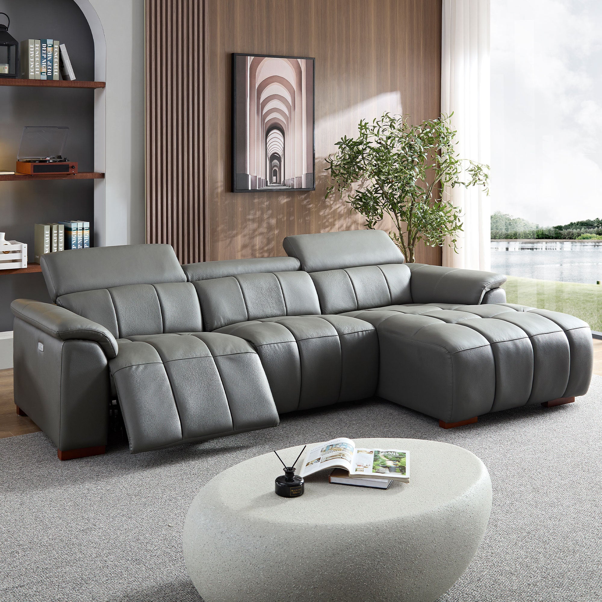 Wall-Hugger Reclining Sofa Modern Electric Control Genuine Leather L Shaped Couch,Lounge Seat Theater Seating Furniture with USB Port, Sofa with Headrest & Footrest for Living Room,Apartment,Office