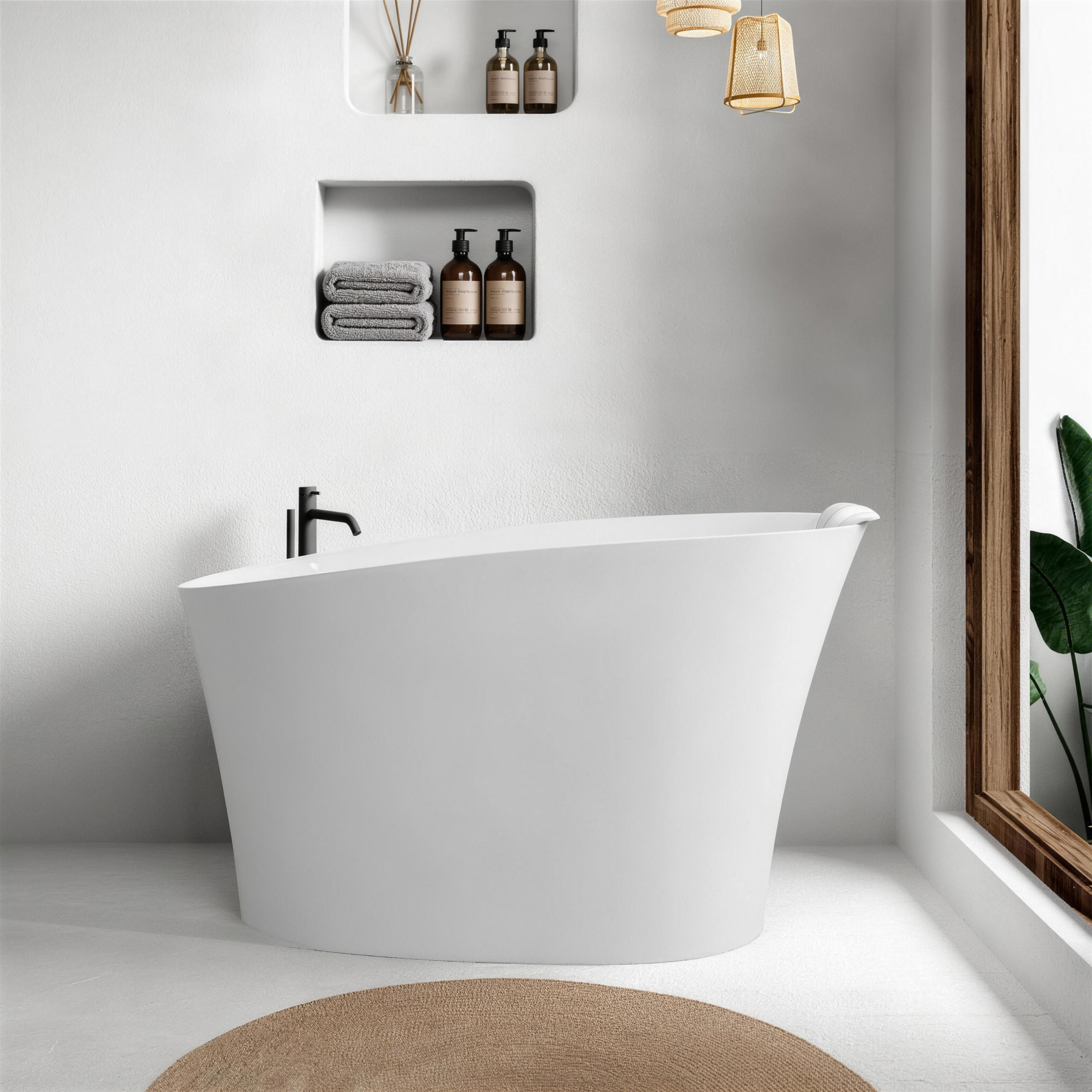 51 inch oval freestanding solid surface glossy white bathtub, front view