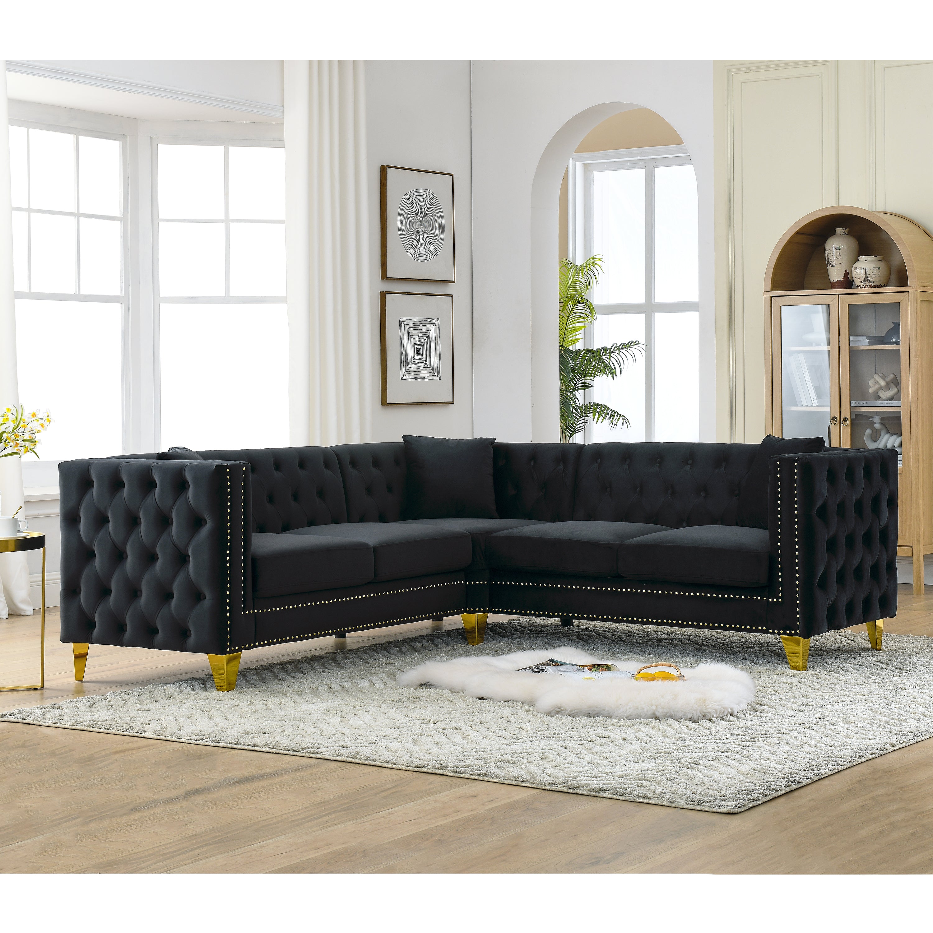 82.2-Inch Velvet Corner Sofa, L-Shaped Sectional Couch, 5-Seater Corner Sofas with 3 Cushions for Living Room, Bedroom, Apartment, Office