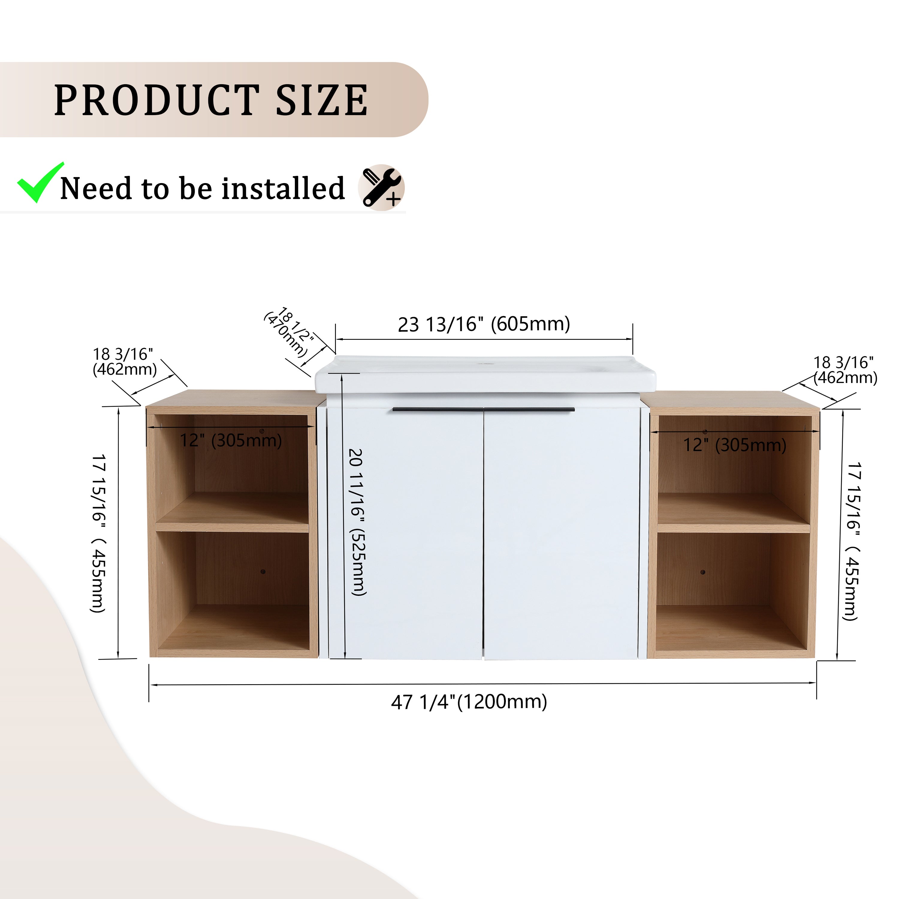 48 Inch Soft Close Doors Bathroom Vanity With Sink, and Two Small Storage Shelves,BVC07448WHLTK