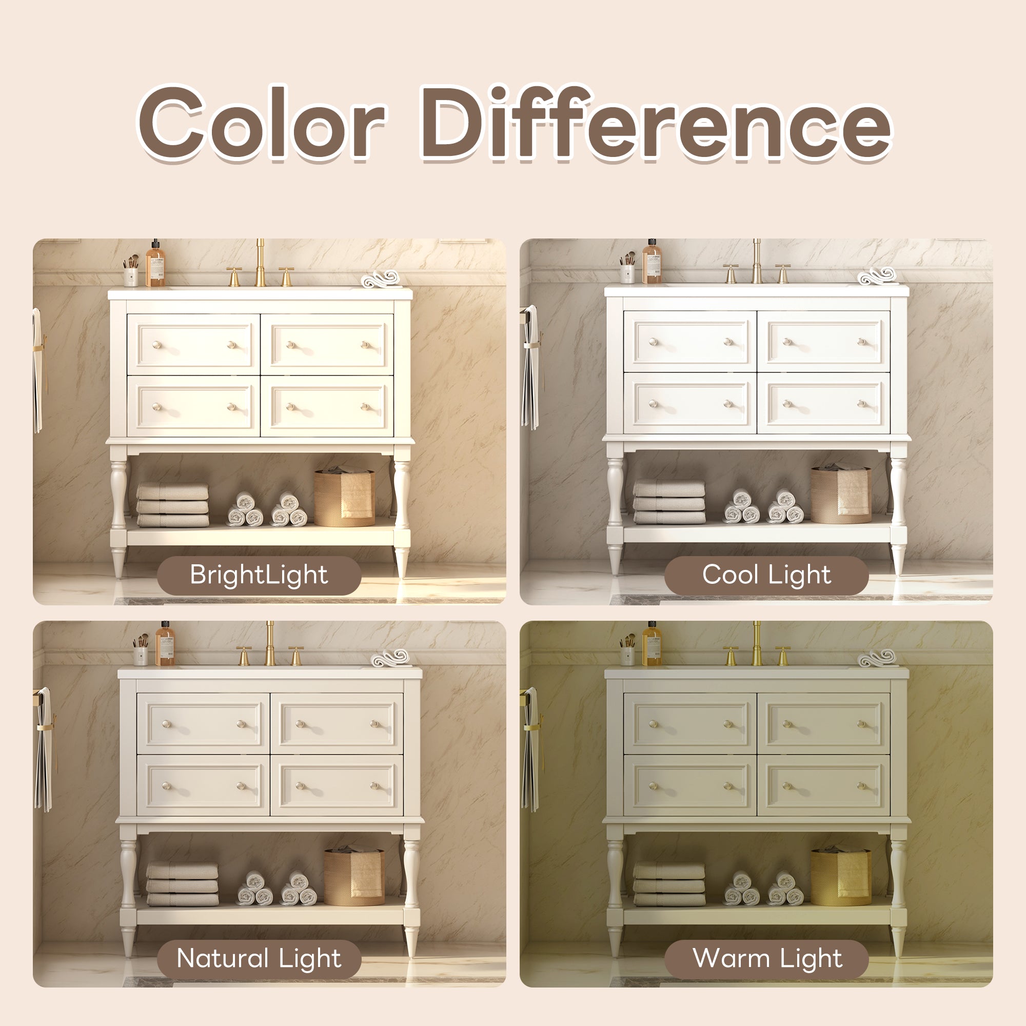 36 inch beige bathroom vanity with drawers open, storage view