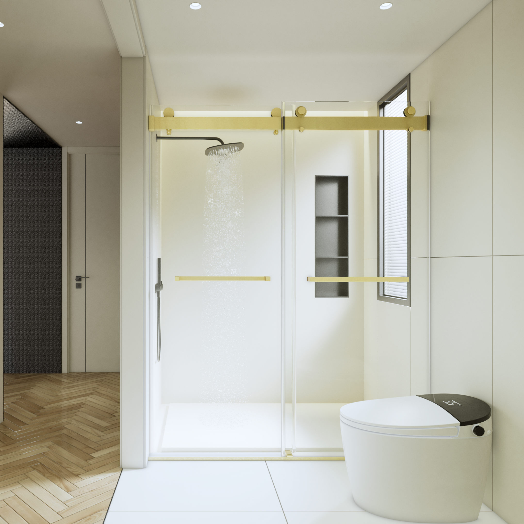 56-60" W x 76" H  Frameless Double Sliding Soft-Close Shower Door in Brushed Gold,3/8 inches (10mm) Thick SGCC Tempered Glass  Door