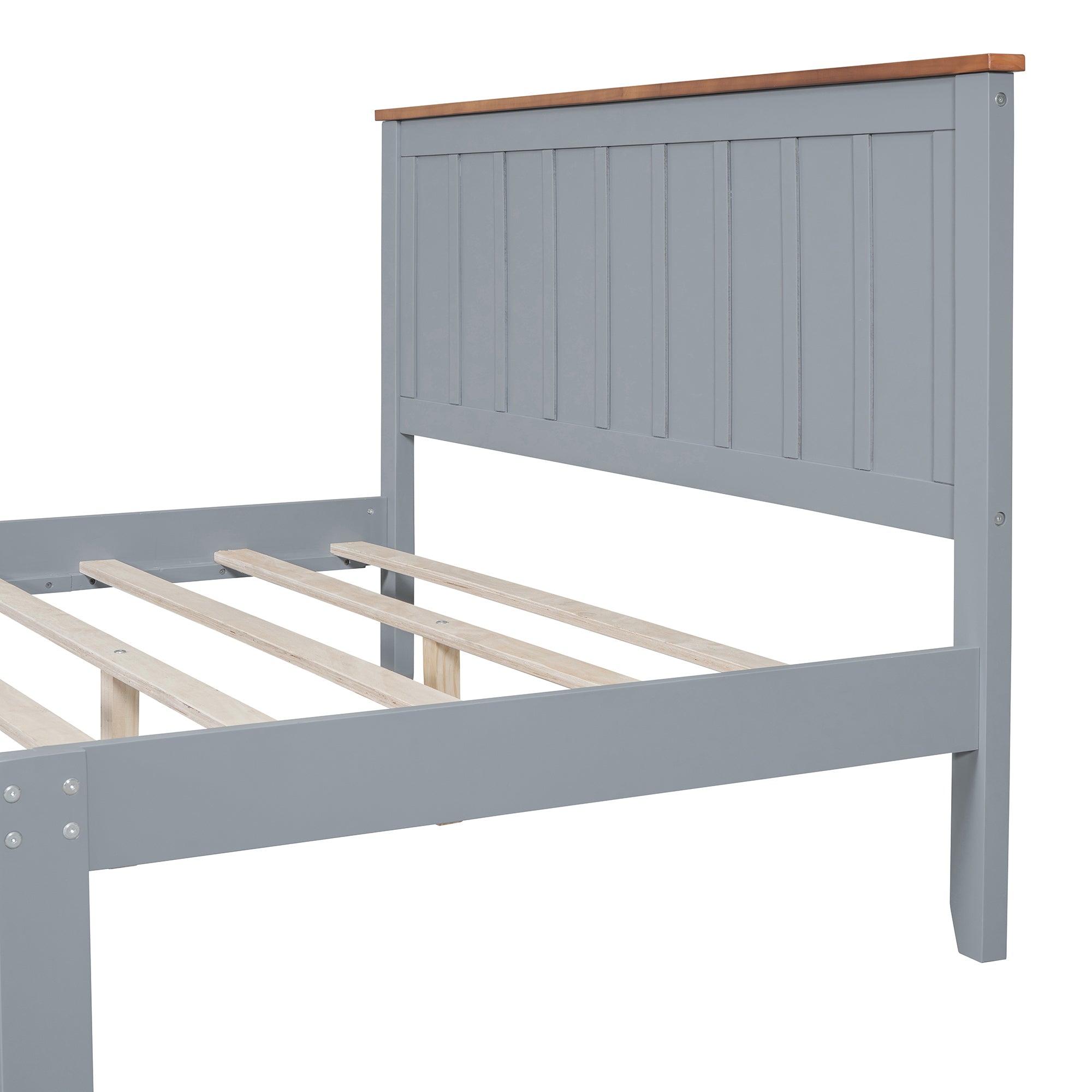 Queen Size Wood Platform Bed Wooden Slat Support, Vintage Simple Bed Frame with Rectangular Headboard and Footboard, Grey