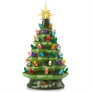 Pre-Lit Ceramic Christmas Tree Hand-Painted Tabletop with Lights 12"