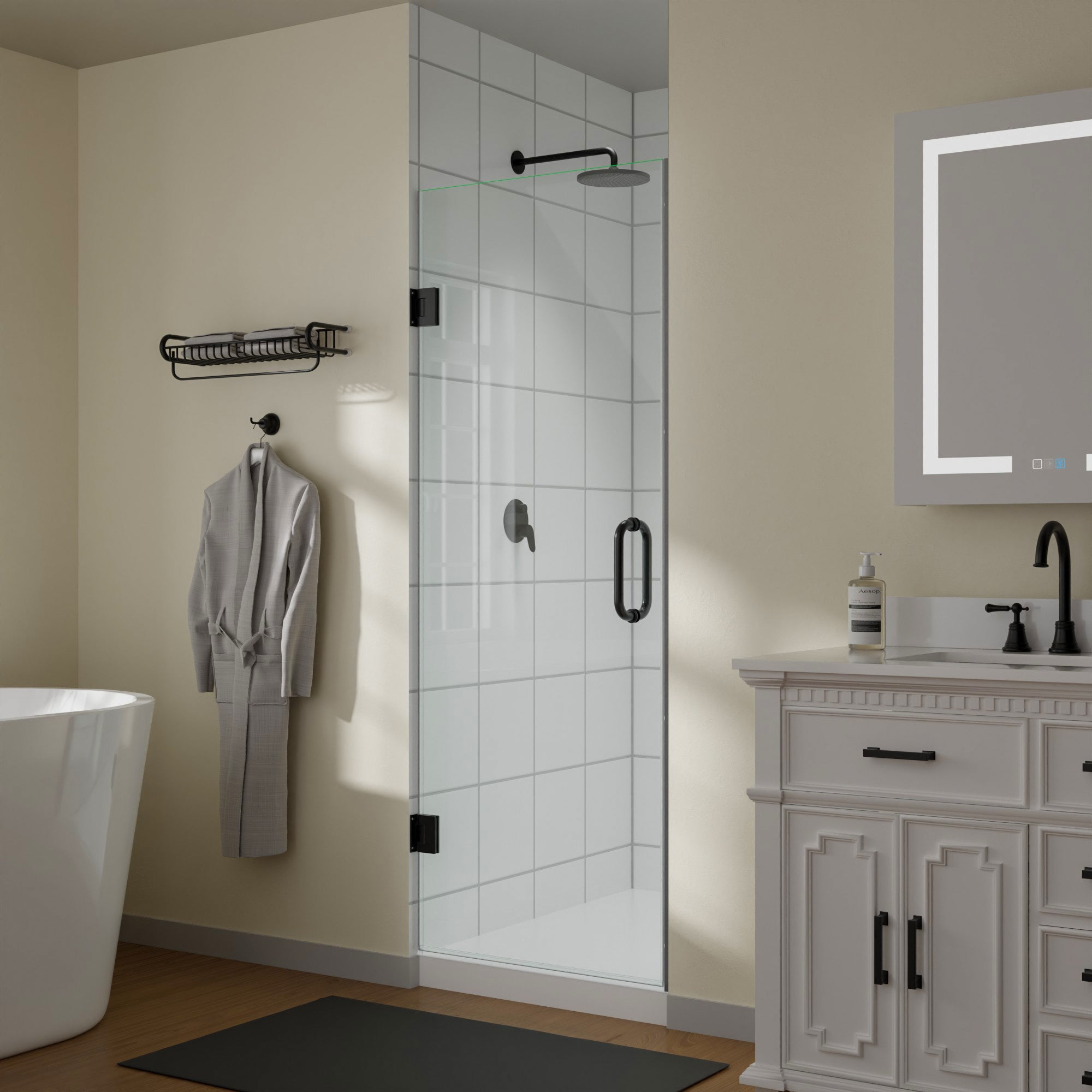 Frameless shower door 28x72 matte black angled view