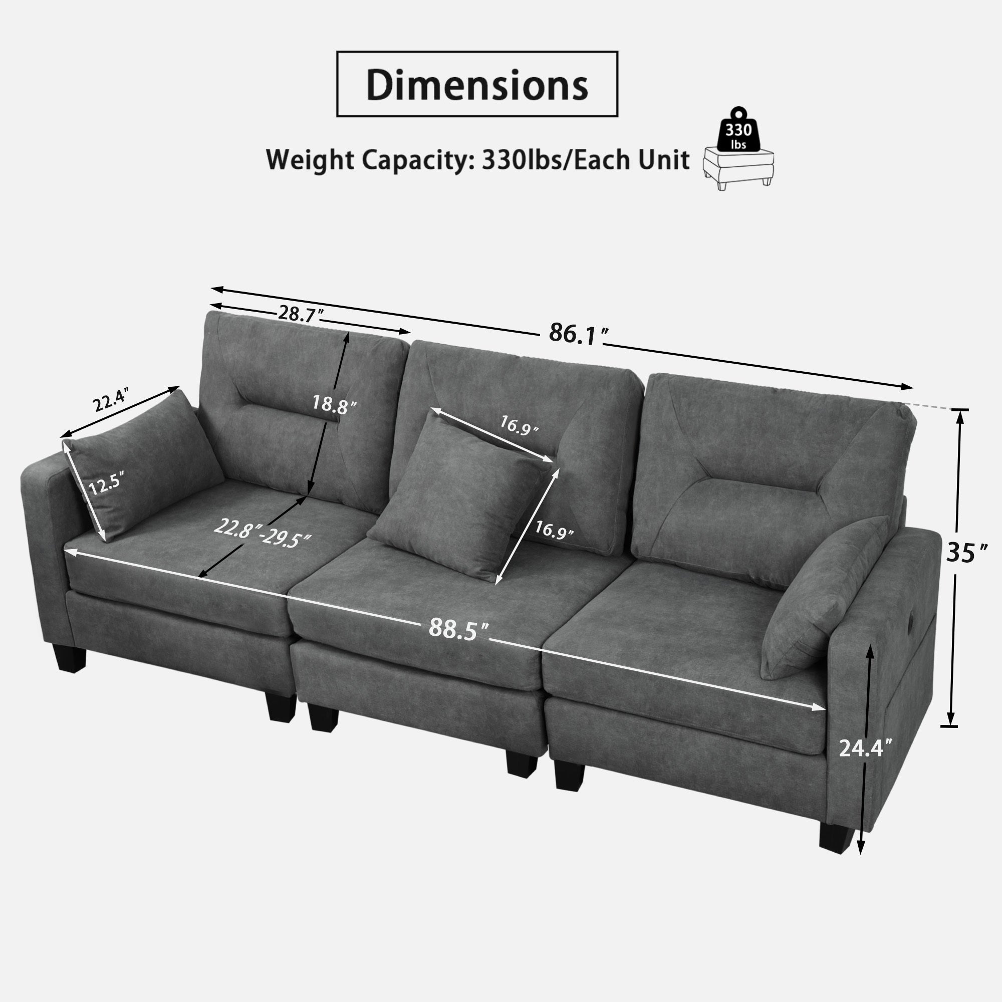 Oversized 86.1'' L Shaped Modular Sectional Couches with USB Ports, Lumbar Pillows