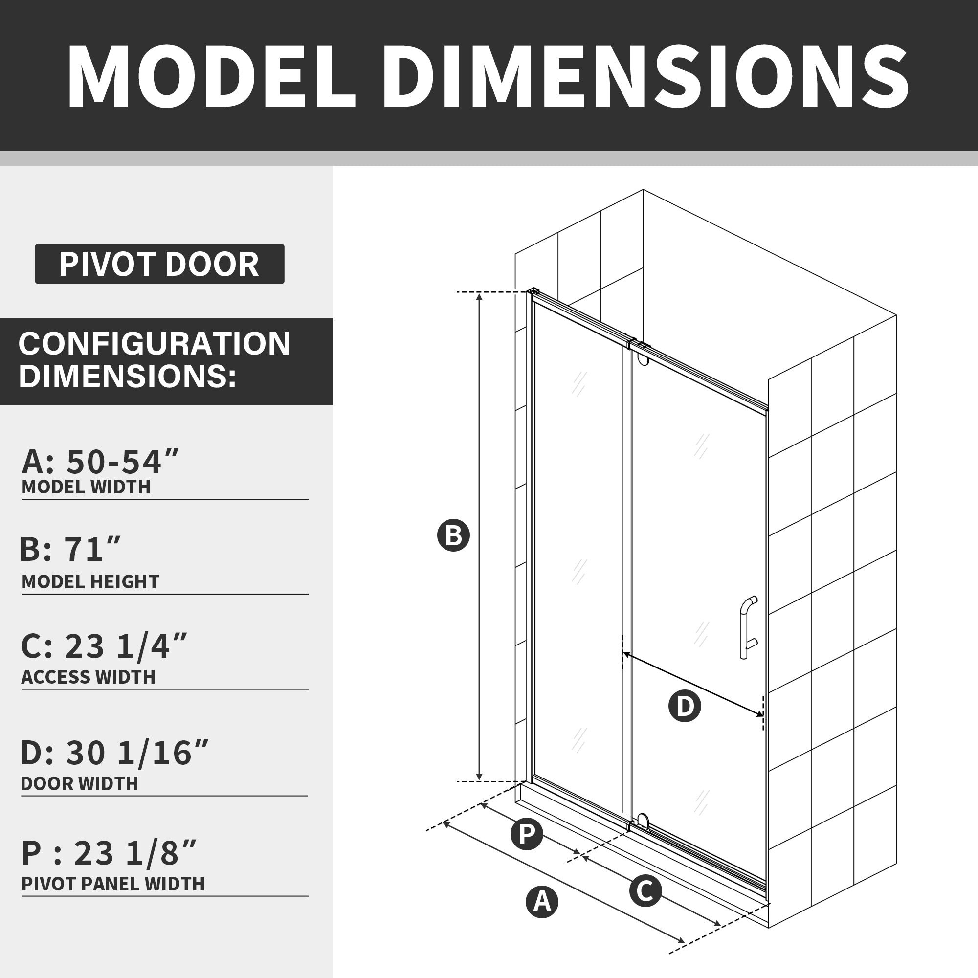 54 x 71 in Pivot Glass Shower Door - 54 x 71 in / Chrome view 5