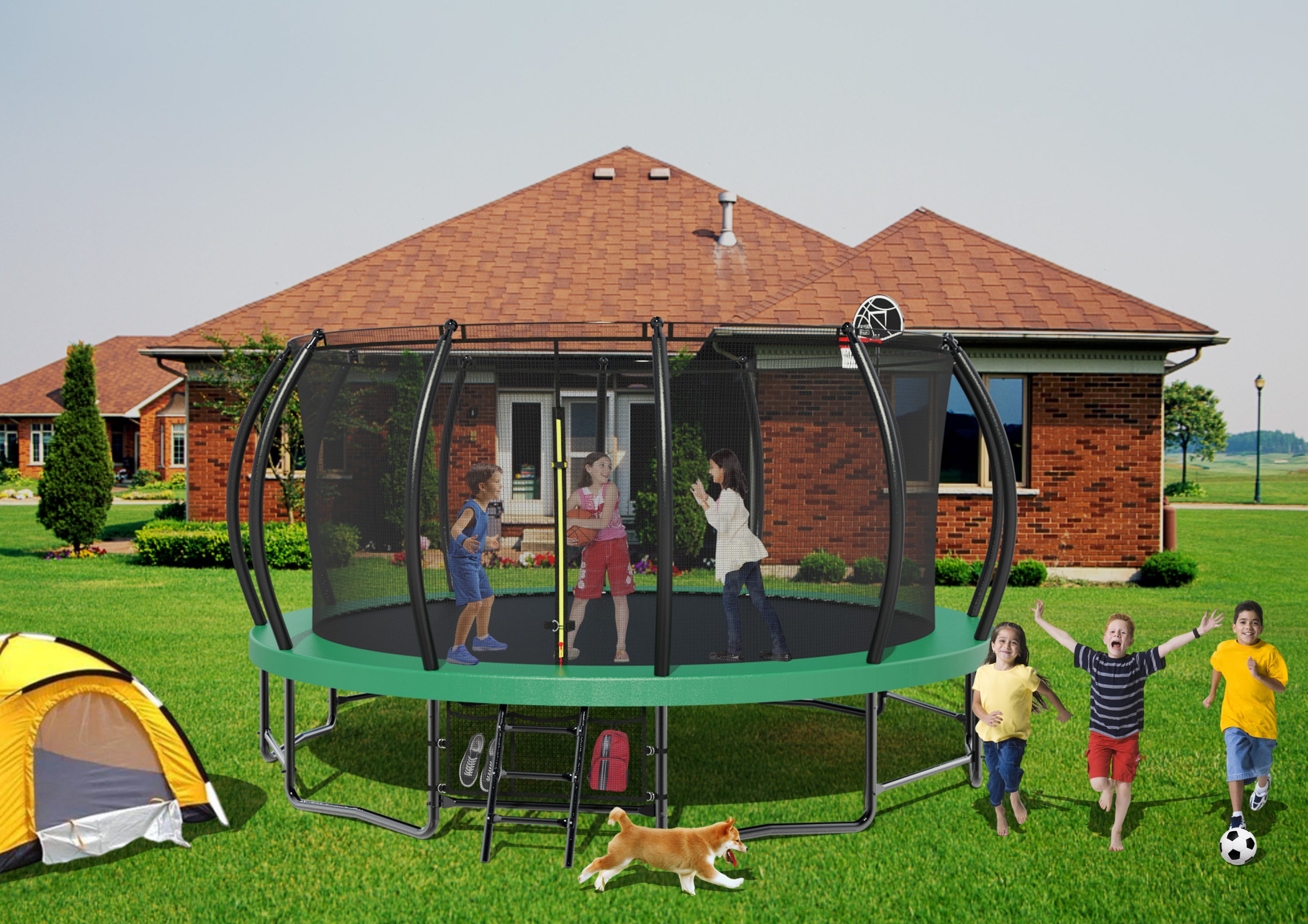 15FT Trampoline with Basketball Hoop - Recreational Trampolines with Ladder ,Shoe Bag and Galvanized Anti-Rust Coating