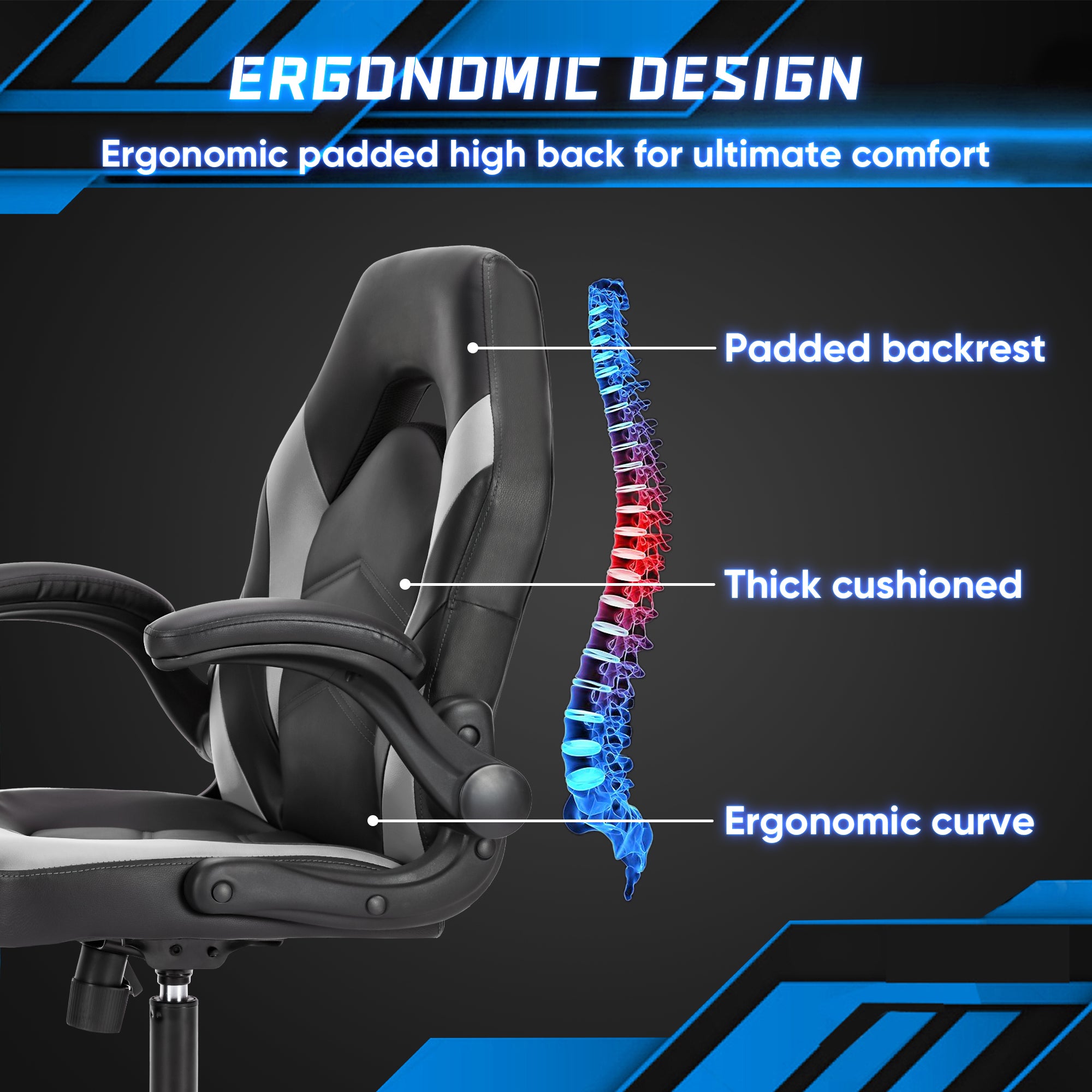 Sweetcrispy Gaming Chair - PU Leather Computer Chair Ergonomic Office Chair with Lumbar Support, Height Adjustable Rolling Desk Chairs with Flip-up Armrests