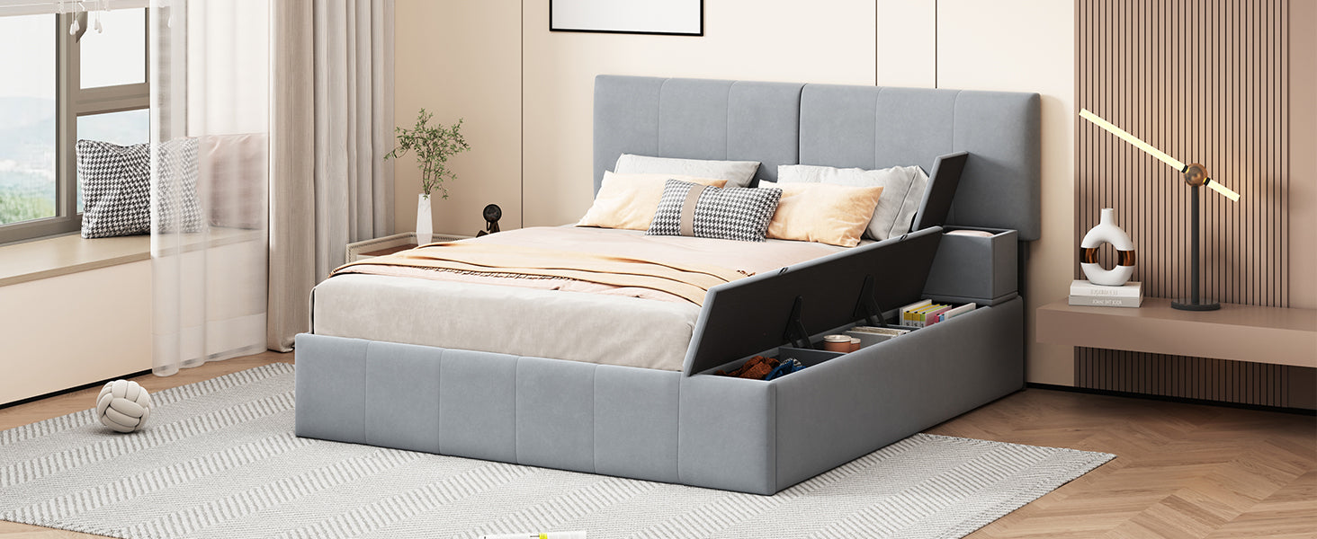 Queen Size Upholstered Platform Bed with Lateral Storage Compartments and Thick Fabric, Velvet, Gray