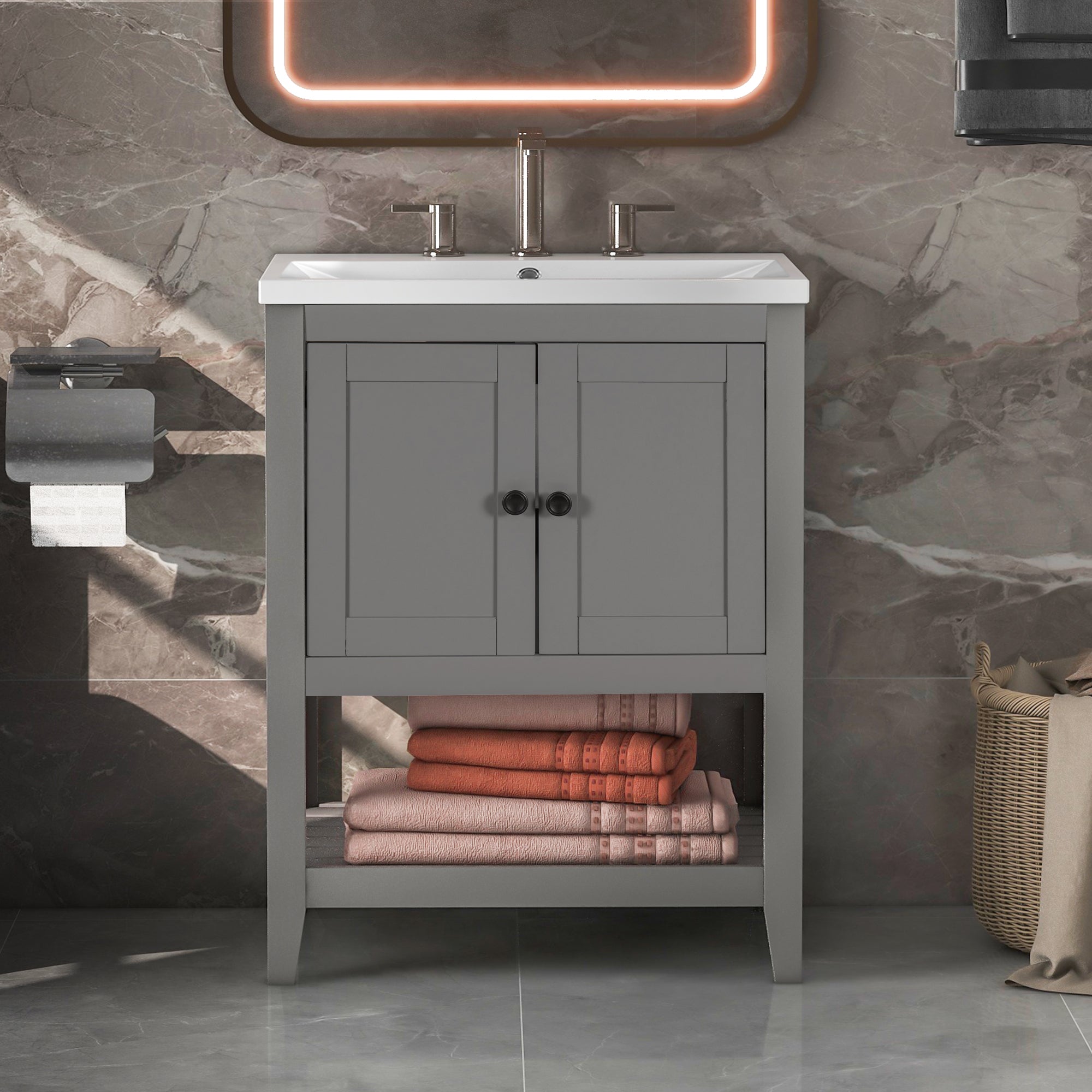 [VIDEO] 24" Grey Modern Sleek Bathroom Vanity Elegant Ceramic Sink with Solid Wood Frame Open Style Shelf (OLD SKU: JL000004AAE)