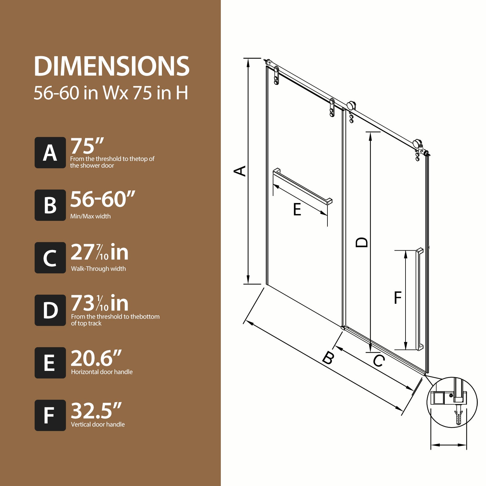 56-60 x 75 in Frameless Sliding Shower Door showing glass door detail