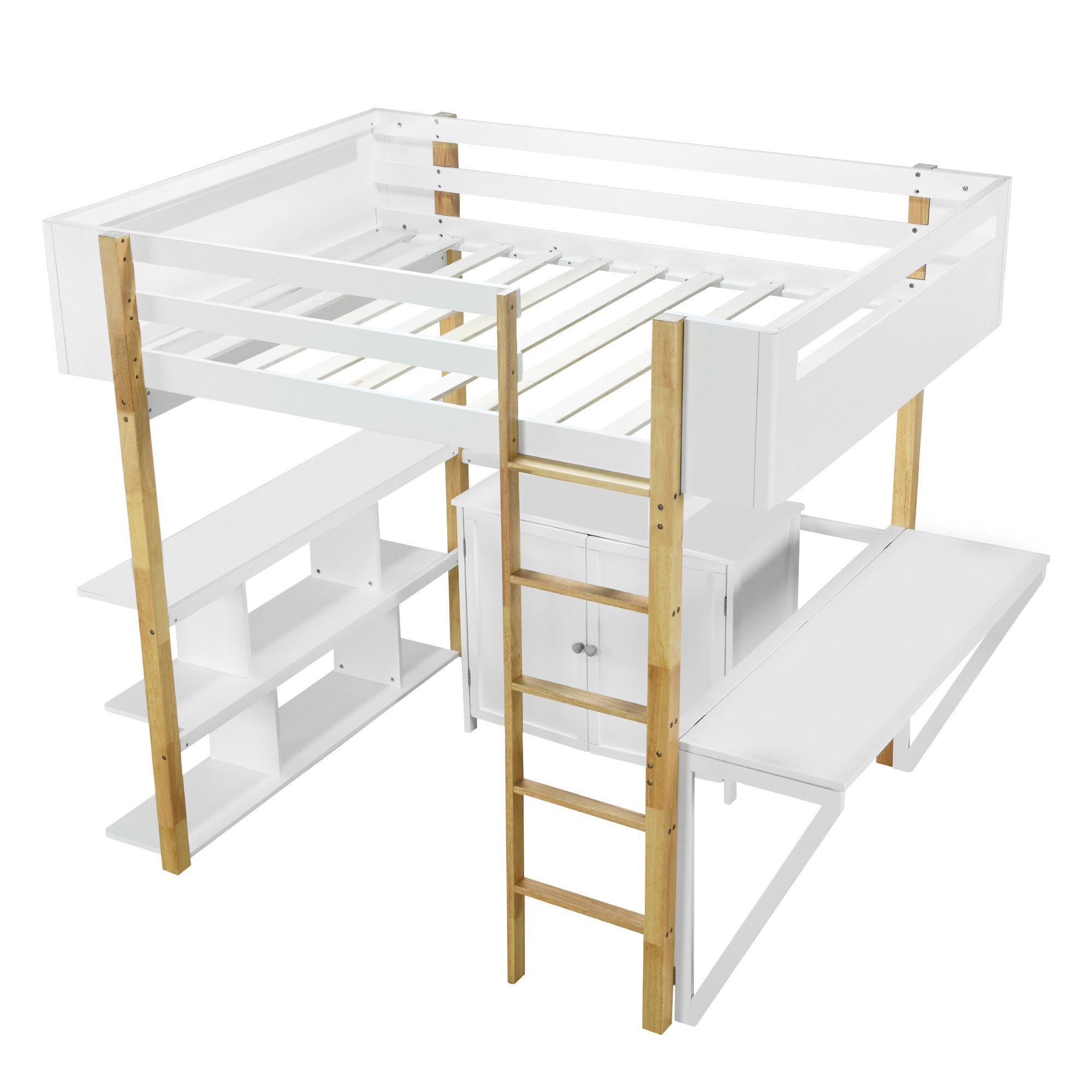 Full Size Wood Loft Bed With Built-in Storage Cabinet and Cubes, Foldable desk, White