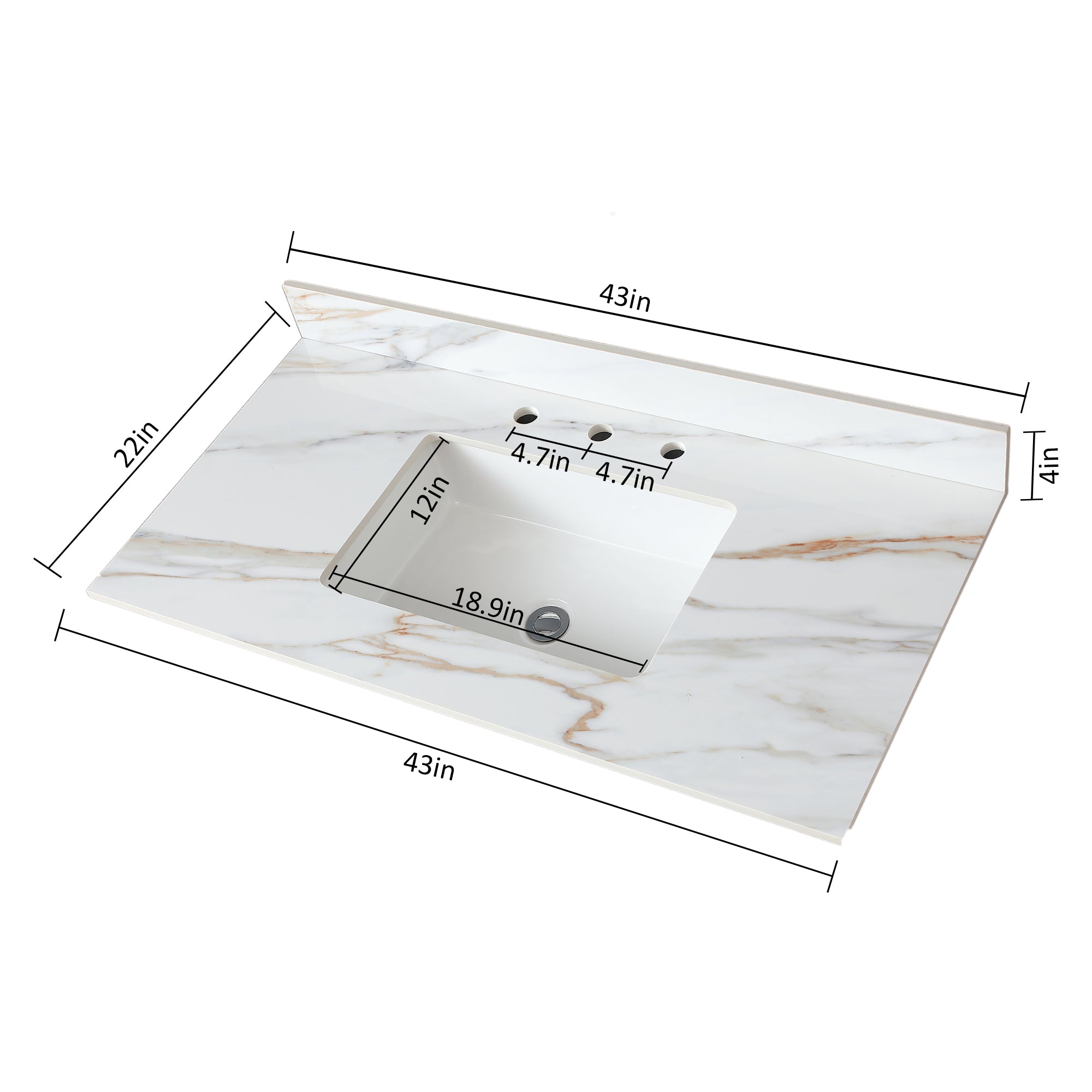 43 Inch Marble Vanity Top, Bathroom Vanity Top with Undermount Rectangular Middle Sink and 4" Height Backsplash, Pre-Drilled 8 Inch Faucet Hole Spread Vanity Top, Carrara white with veins