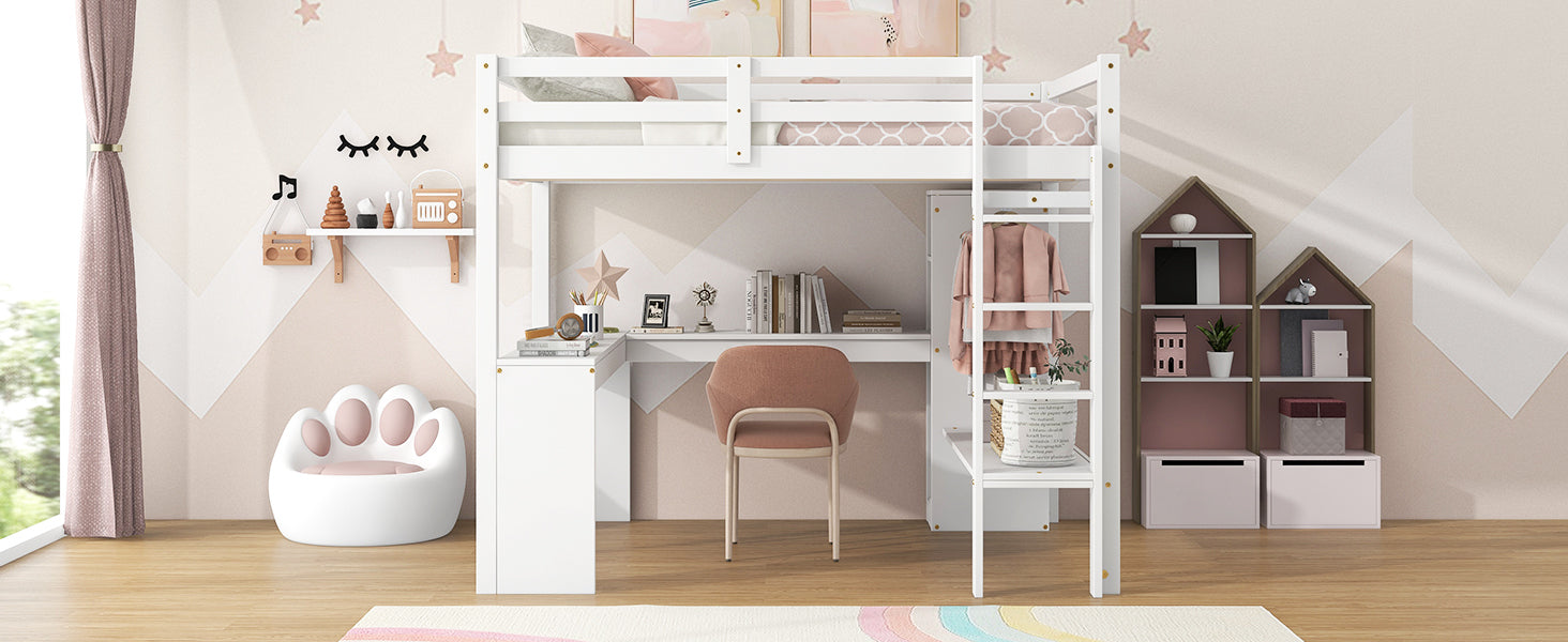 Full Size Loft Bed with L-shaped Desk, Wardrobe and Storage Shelves, White