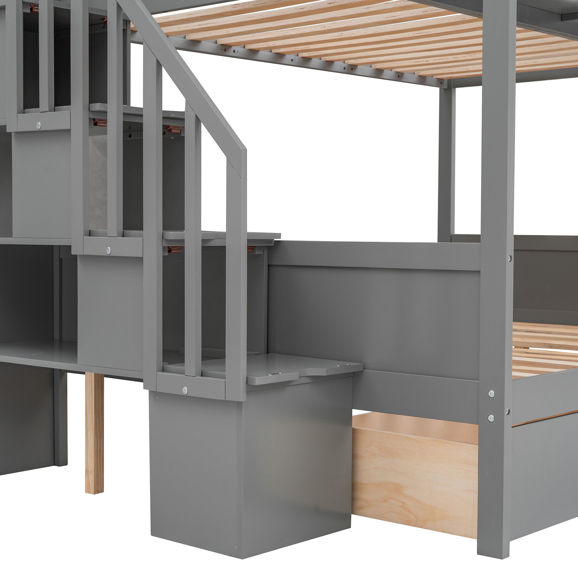 Twin over Full Bunk Bed with Shelfs, Storage Staircase and 2 Drawers, Gray