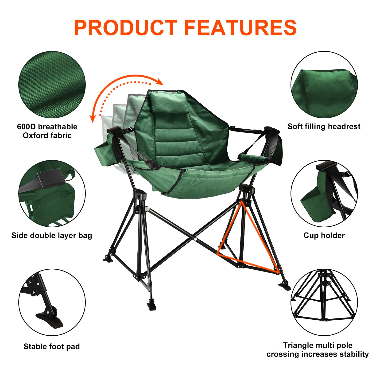 Hammock Camping Chair Folding 350 lbs Foldable Portable Rocking Chairs for Adults Outside Swinging Camp with Stand Lawn Garden Hanging Outdoor