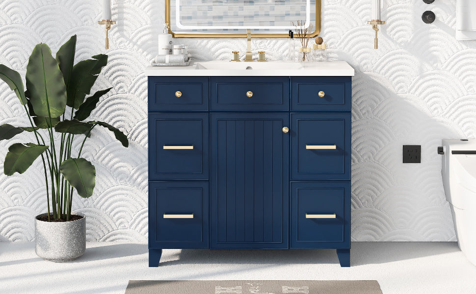 36" Bathroom Vanity Cabinet with Sink Top Combo Set, Navy Blue, Single Sink, Shaker Cabinet with Soft Closing Door and Drawer